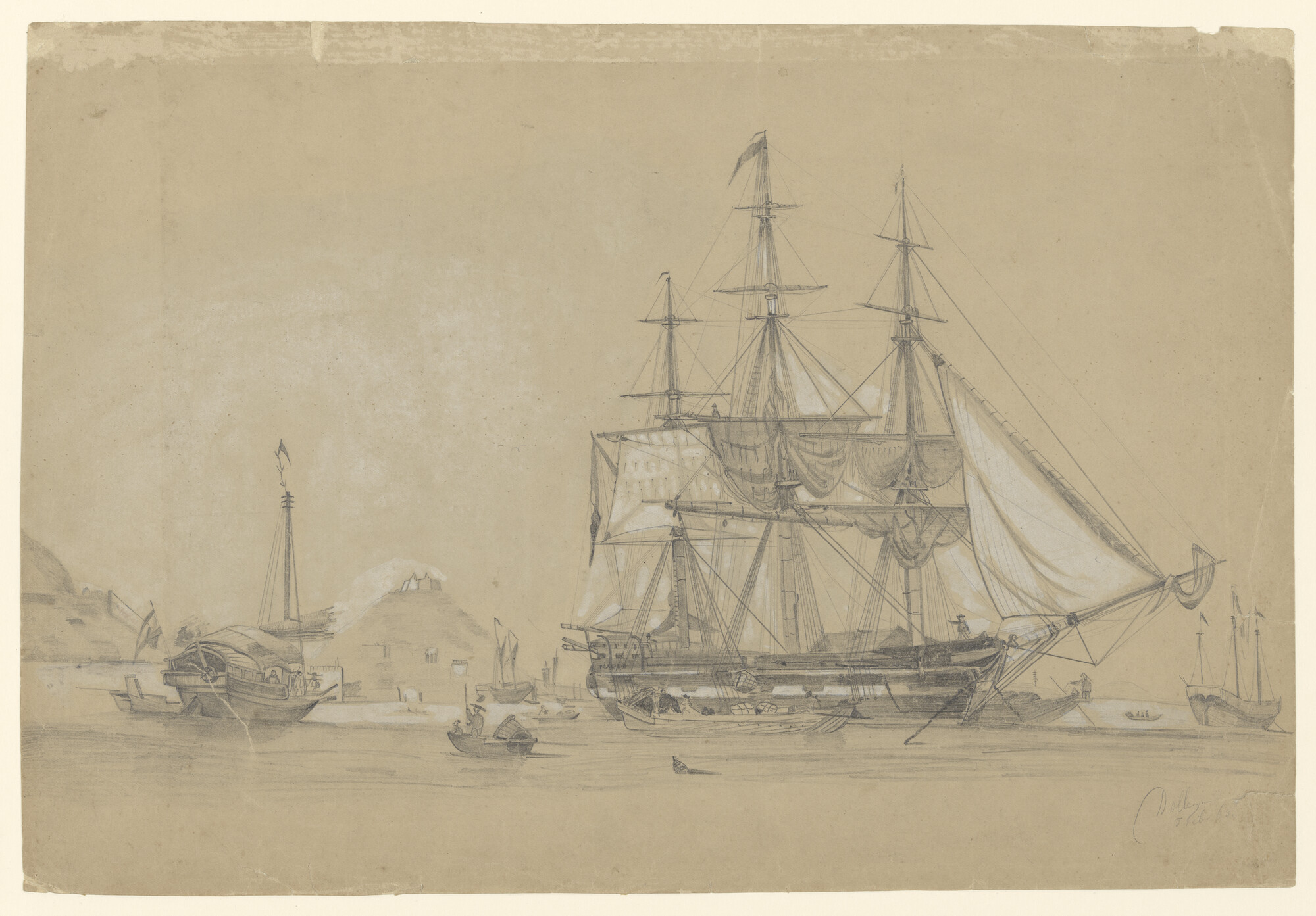 A.5203(25); Een fregat voor anker op een Oost-Aziatische rede; tekening