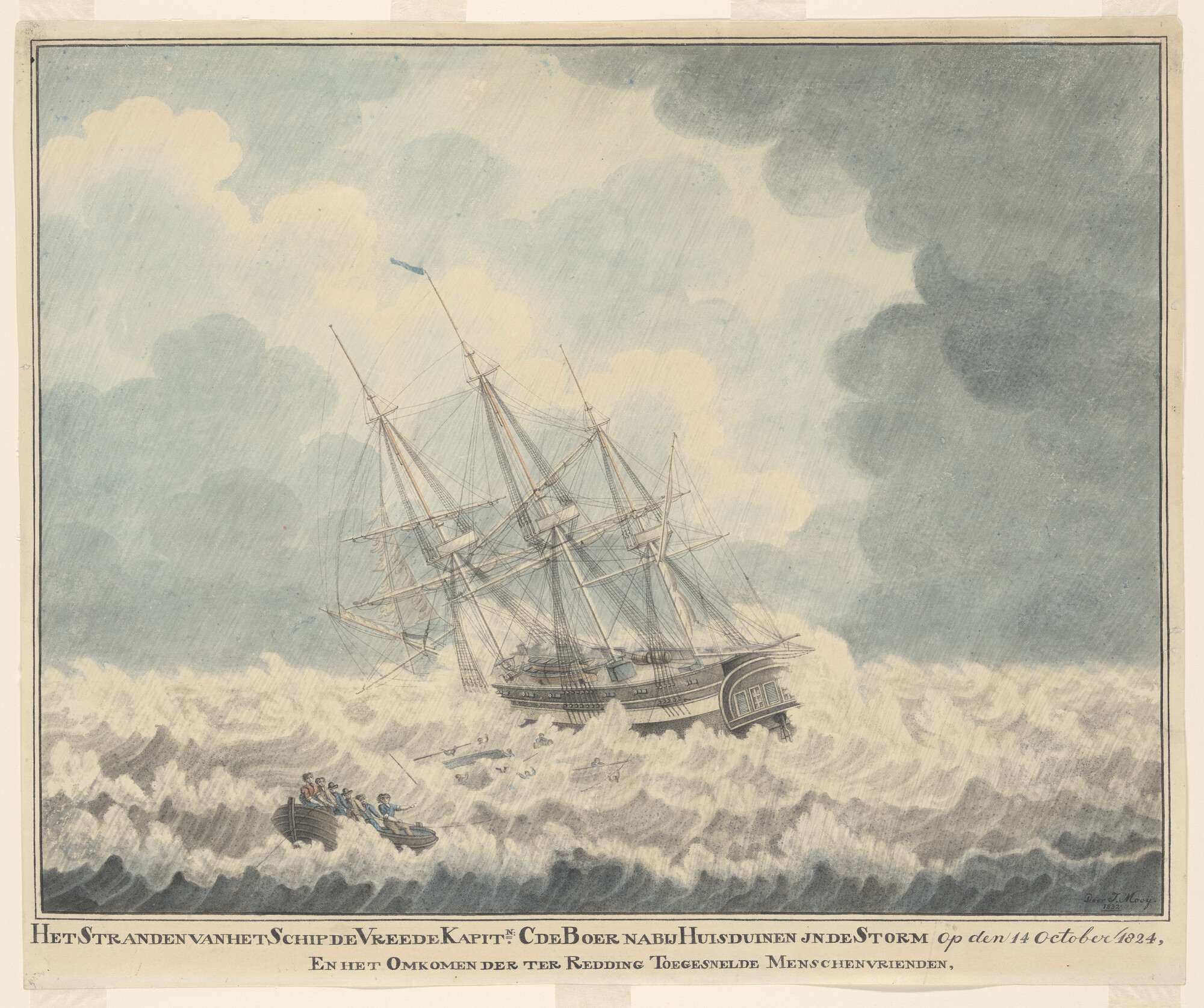 A.0963(04); 'Het stranden van het schip 'de Vreede'.' Schipbreuk van het fregatschip 'De; tekening