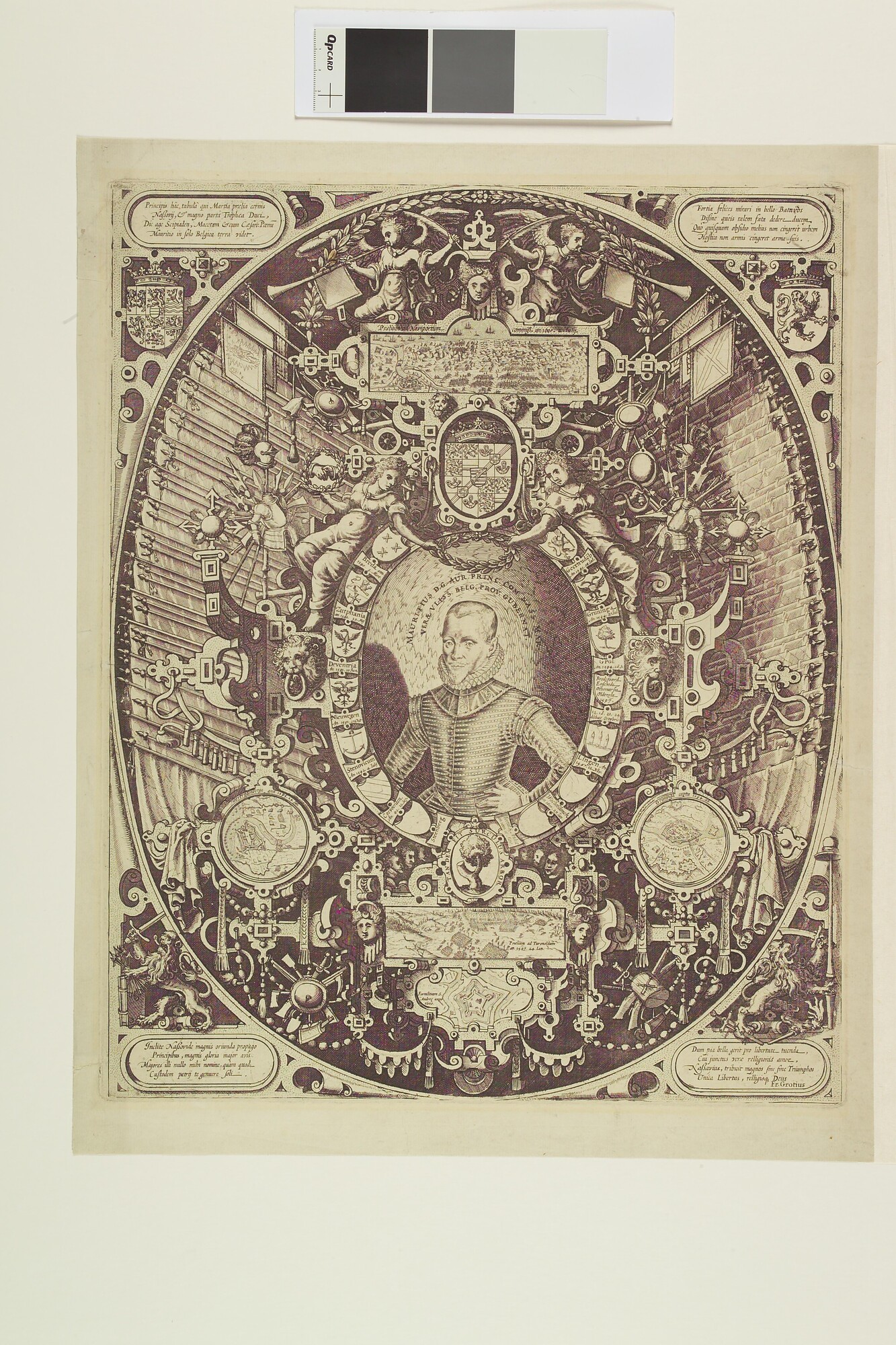 A.3478(03); Portret van Prins Maurits in ovaal, omgeven door arabesken en de namen van; prent