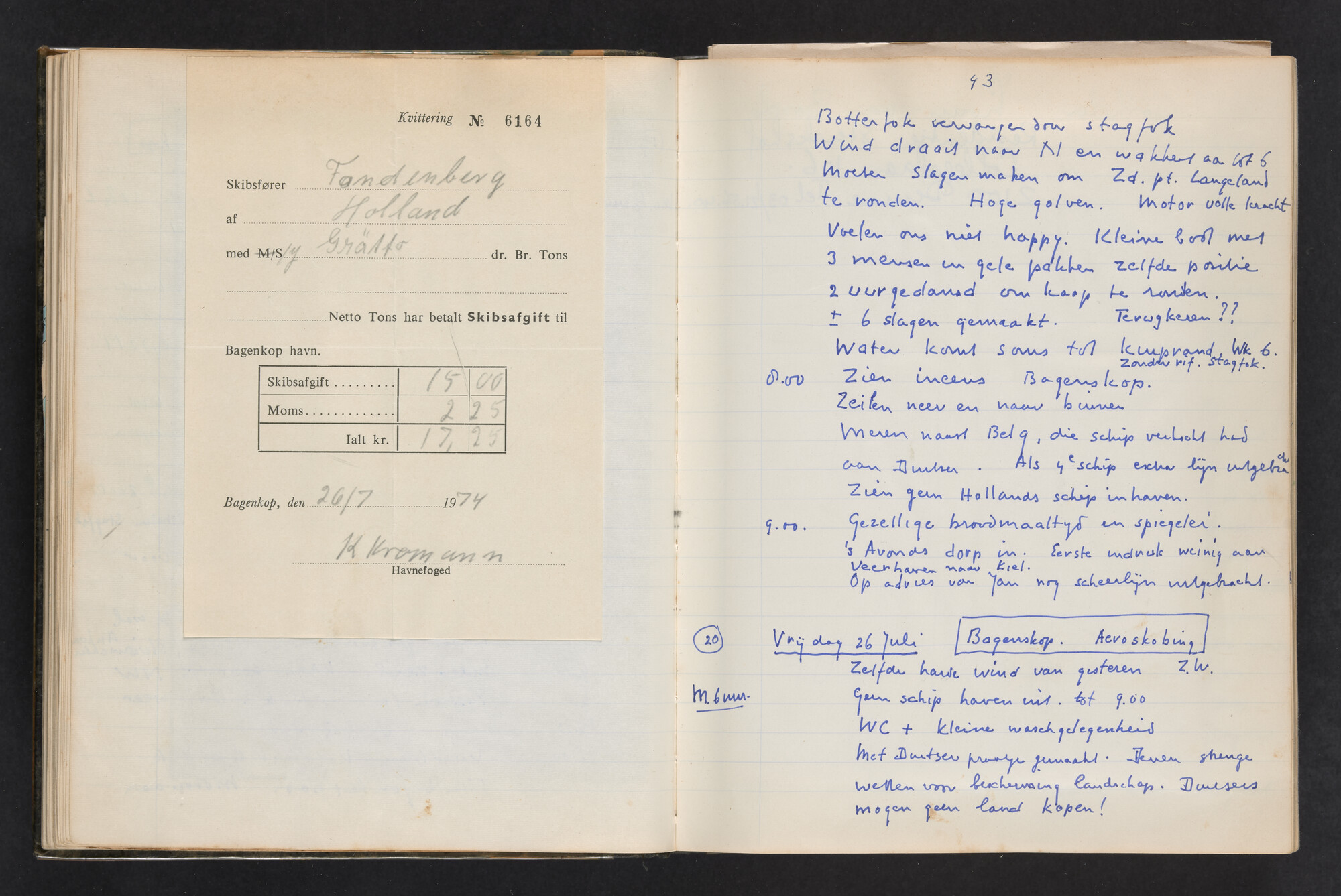 2017.0802; Logboek c.q. fotoalbum van reizen met zeeschouw Grutto (II) in Nederland, Duitsland en Denemarken, 1973-1974; logboek