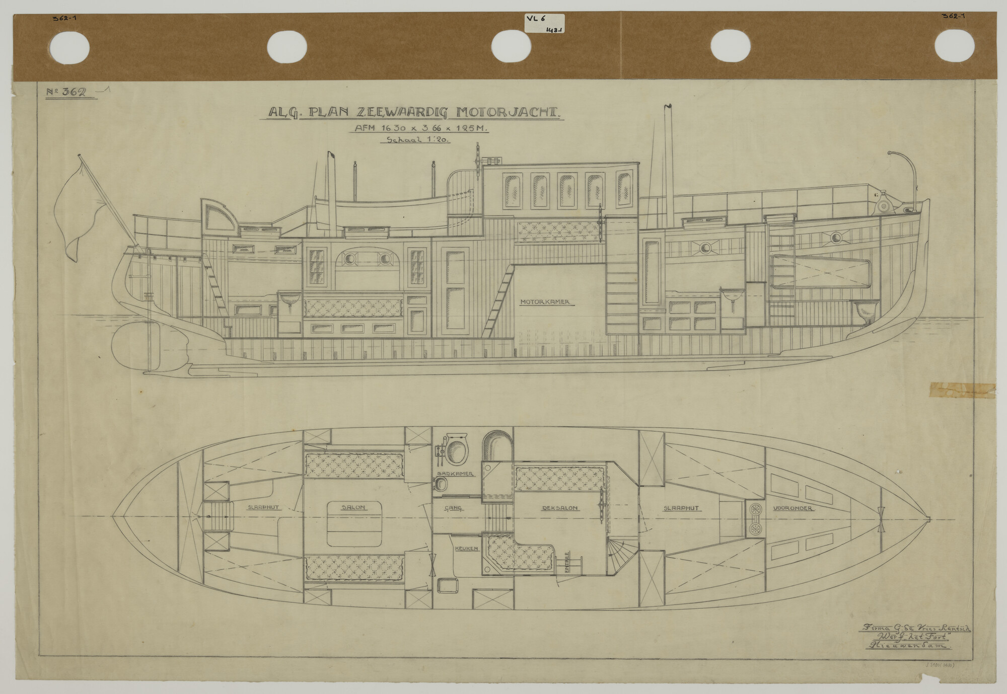 S.5180(0480); Indelingsplan van een zeewaardig motorjacht met steunzeil; technische tekening