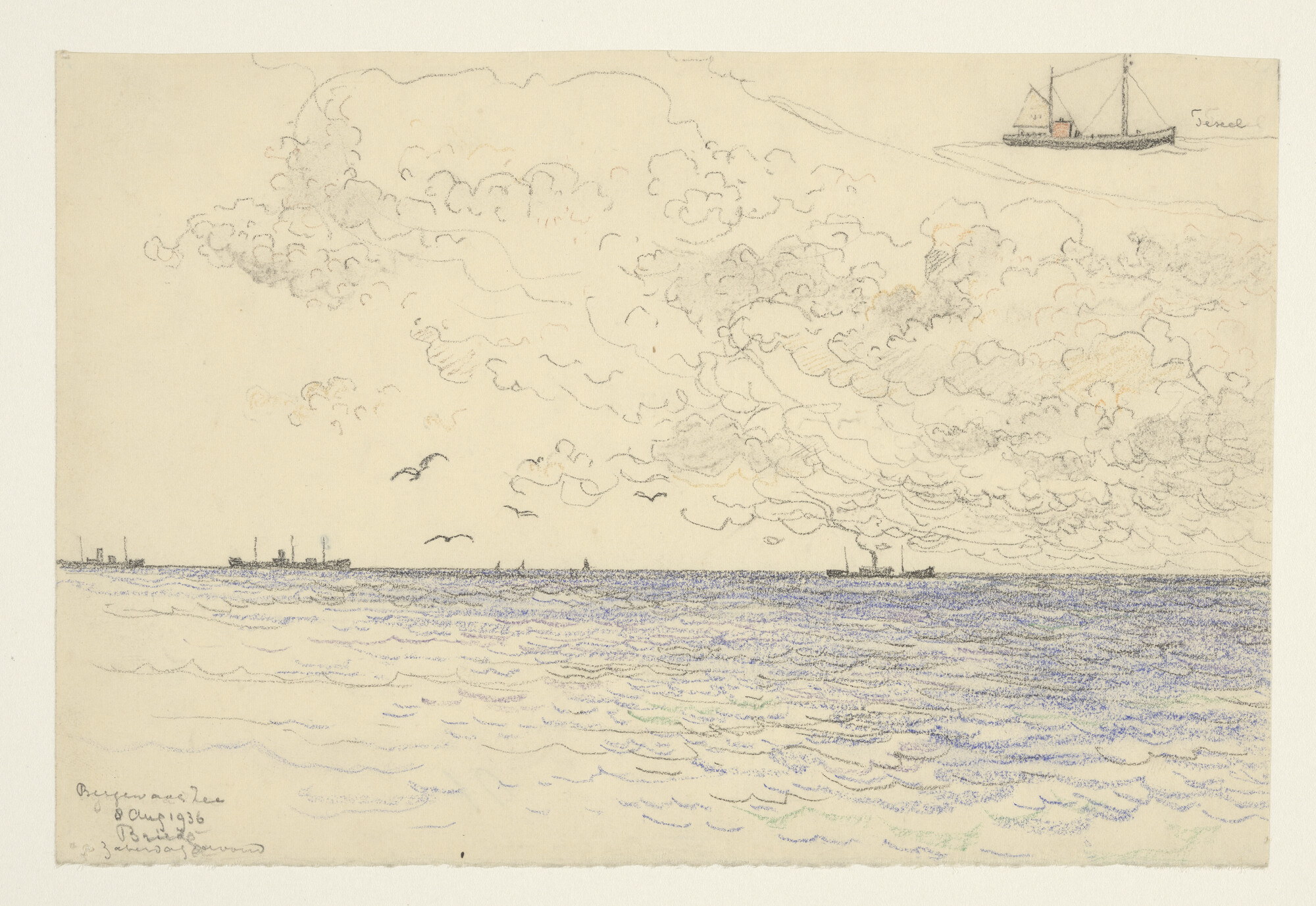A.4894(08); Schepen op zee, gezien vanaf het strand van Bergen aan Zee, 1936; tekening