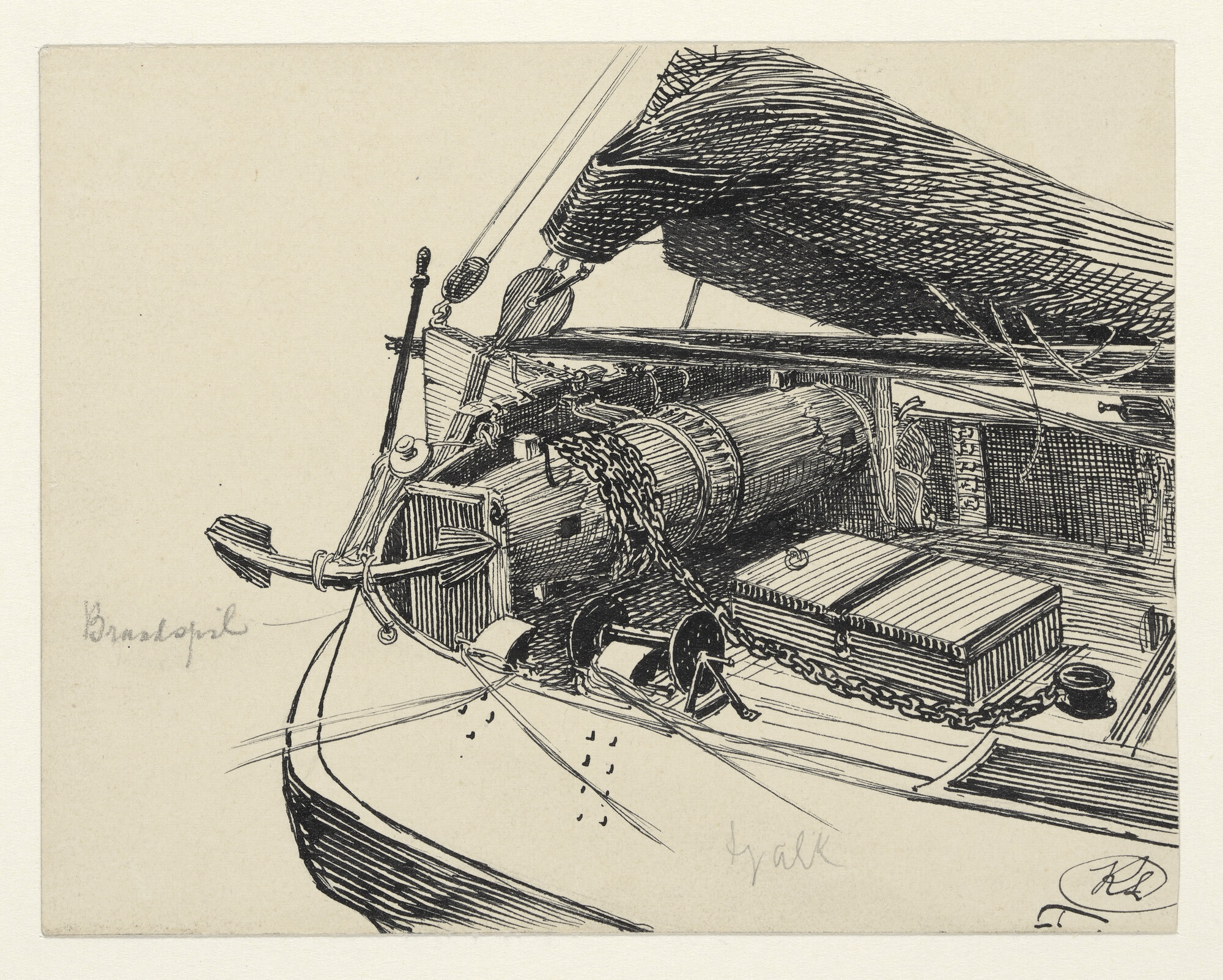 A.0038(01); De voorplecht van een tjalk; tekening