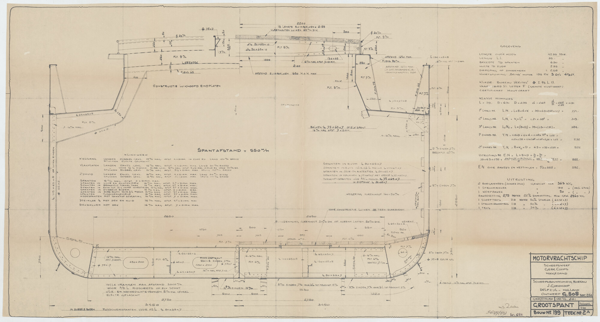 S.6879(199); Grootspant van de coasters 'Trude K.', 'Nereus', 'Ceres' en 'Zaan'; technische tekening