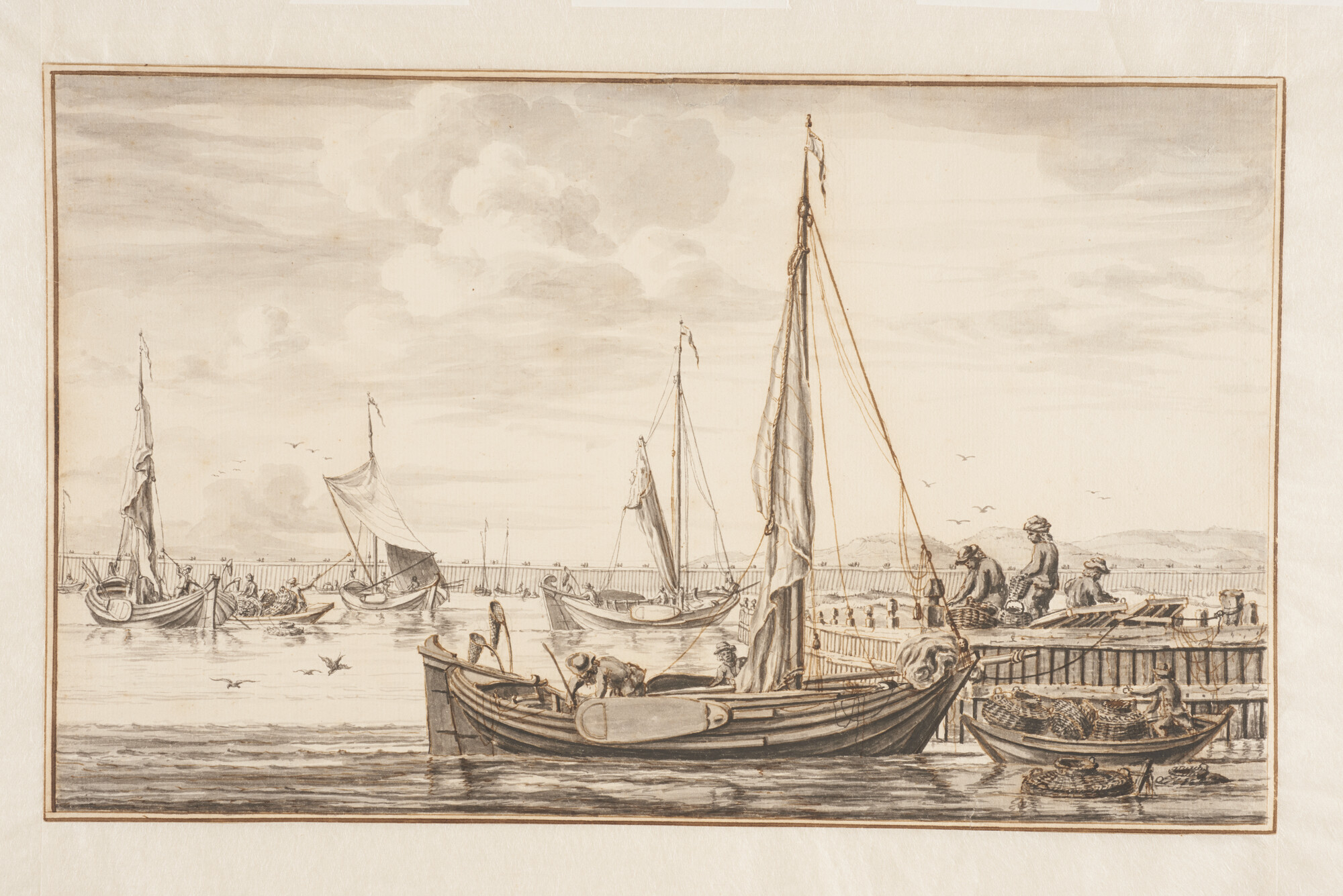 A.0149(0338); Vissersschepen in een haven, mogelijk bij Burgh op Schouwen; tekening