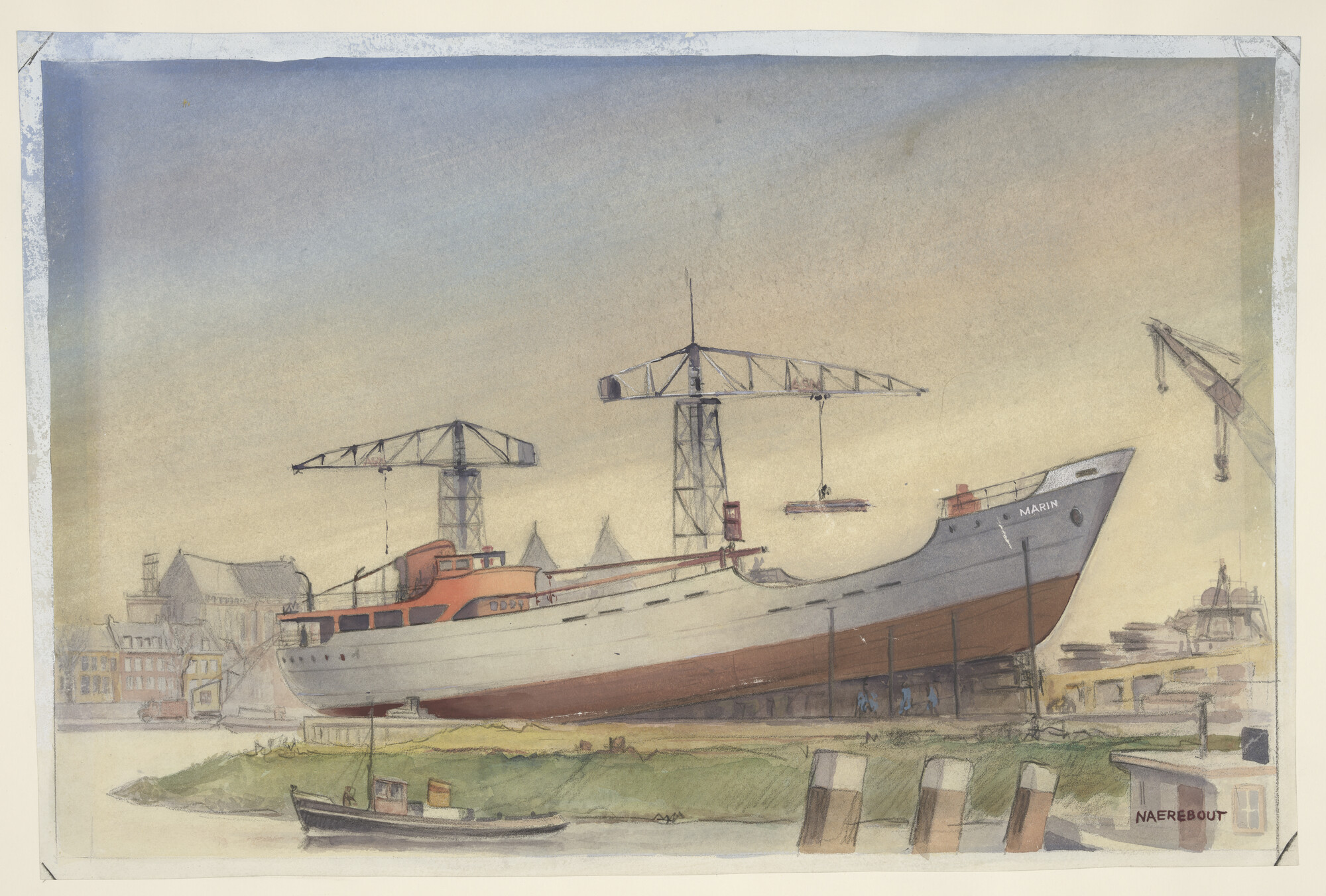 S.5263(01); Het kustvaartuig of vrachtschip ms. 'Marin' op de helling; tekening