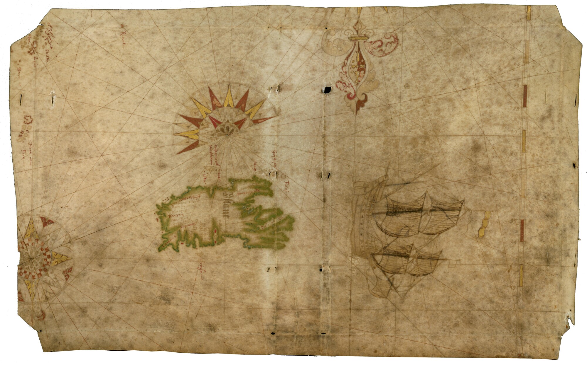S.1012(05); Fragment van zeekaart van Noord-Atlantische Oceaan door Edammer cartografenschool, circa 1600; perkamentkaart