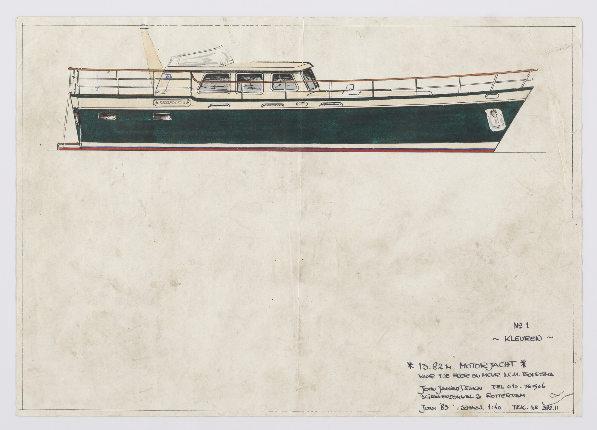 2010.1029; Zijaanzicht Motorjacht van 13.82 meter; technische tekening