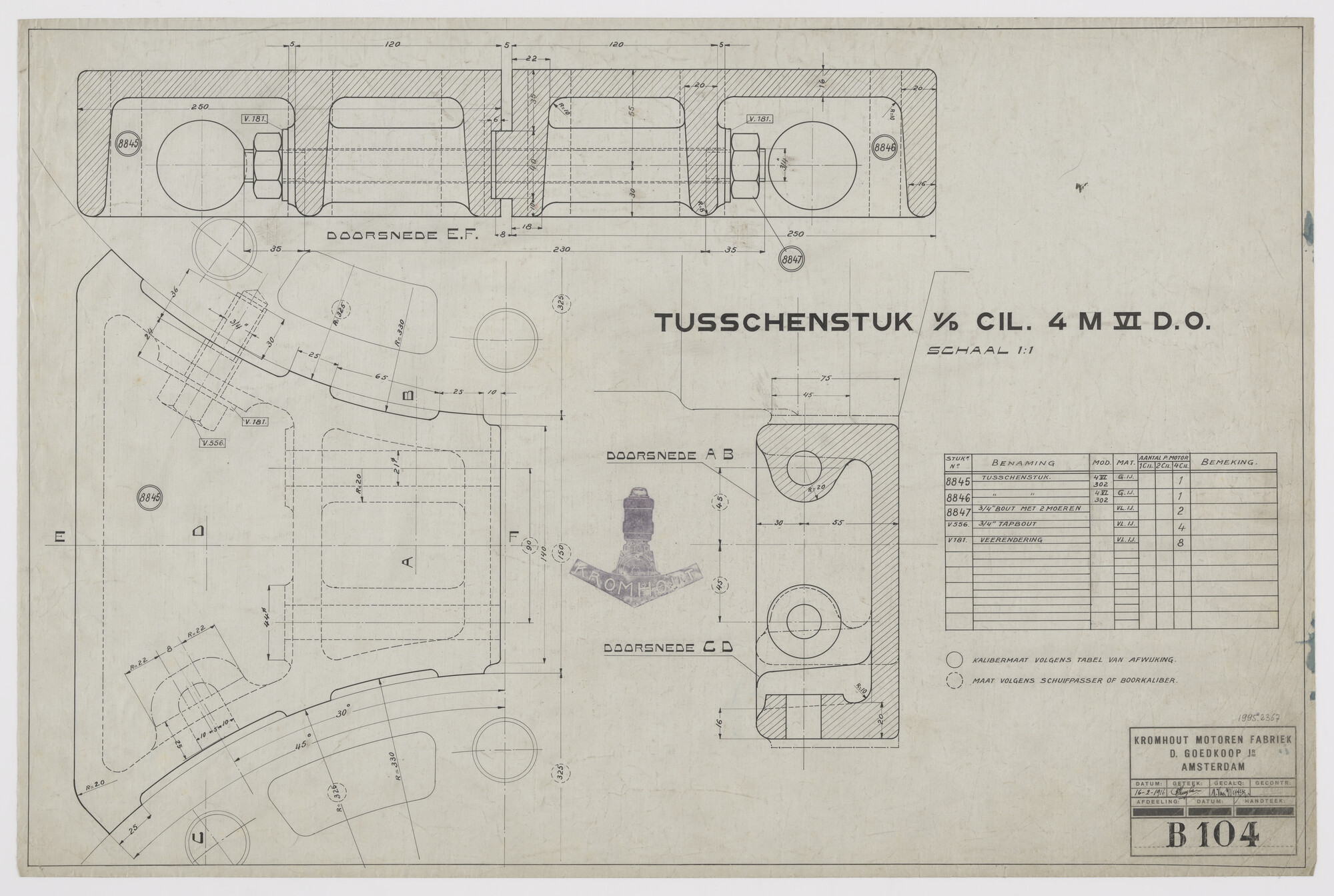 1995.2367; Tussenstuk van de cilinder van Kromhoutmotor 4M6DO; technische tekening