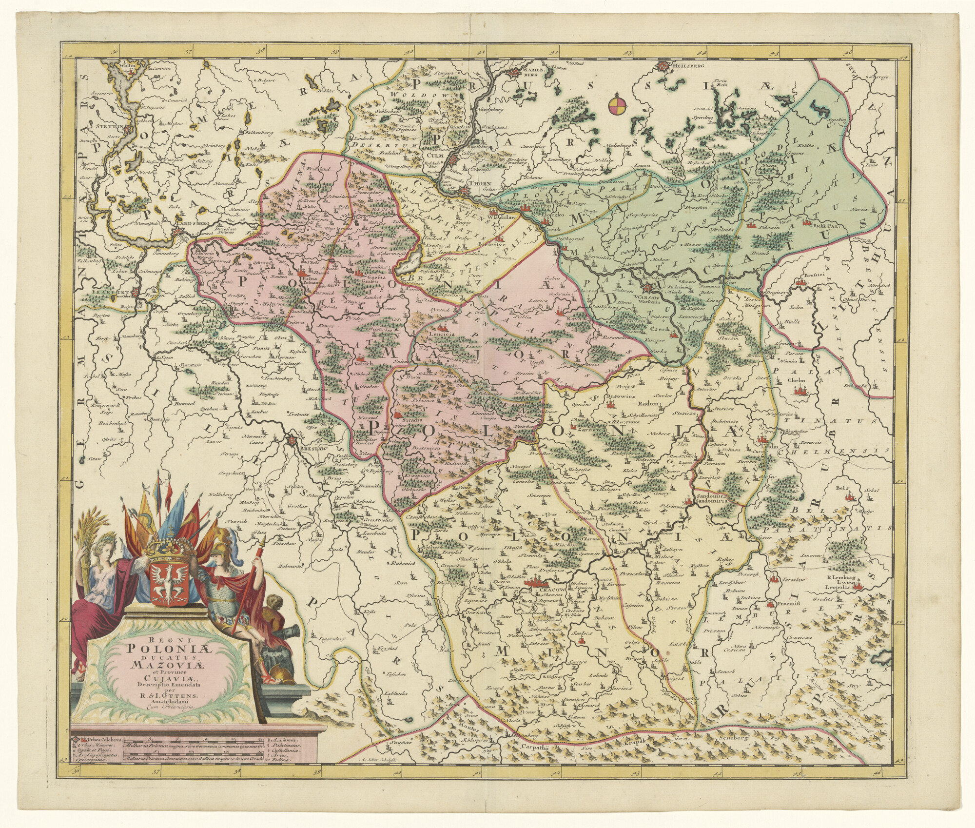 A.0145(211)118; Met de hand gekleurde kaart van het koninkrijk Polen, het hertogdom Mazovië en de provincie Cujavië; landkaart