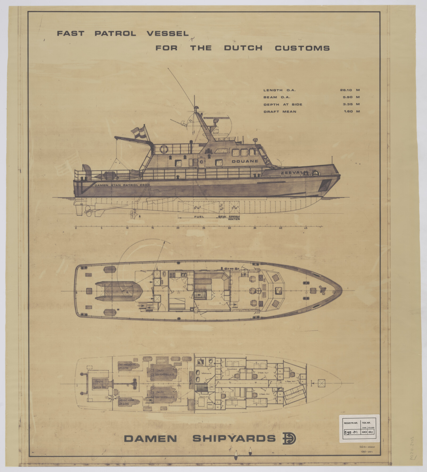 2013.0509; Algemeen plan van het patrouillevaartuig Zeevalk van 26.10 meter; technische tekening