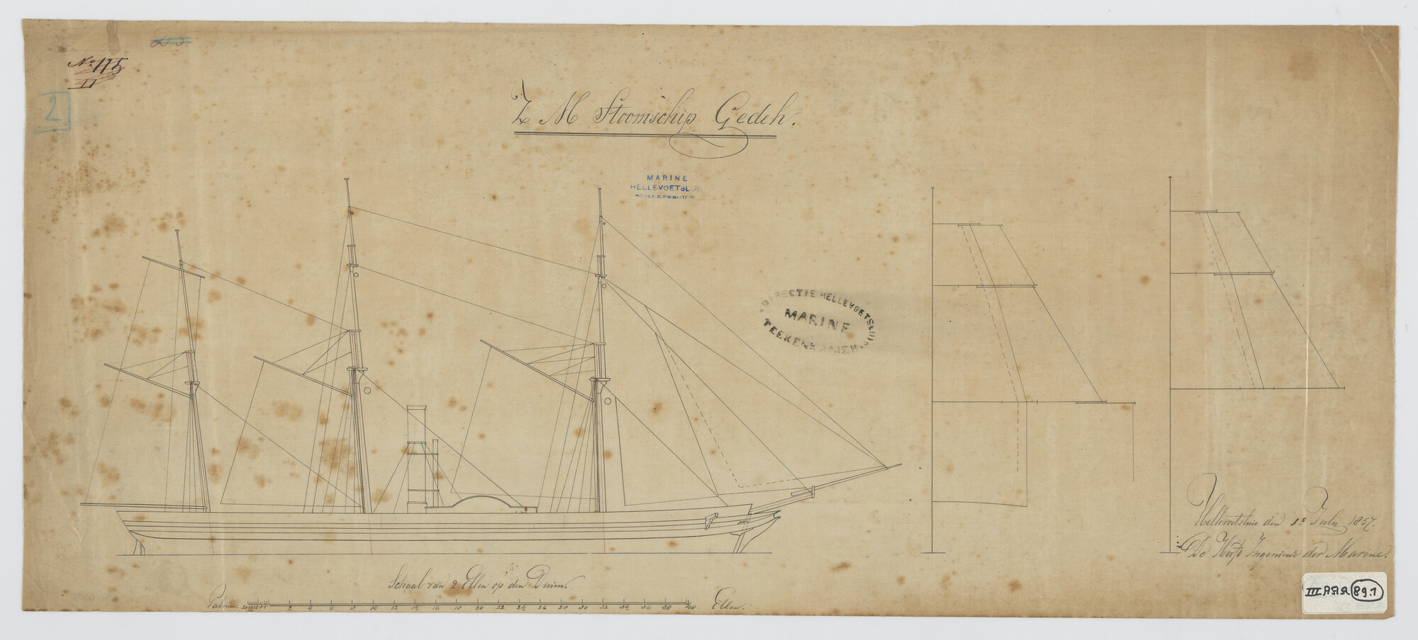 2016.0085; Tuigplan van het stoomraderschip Zr.Ms. Gedeh; technische tekening