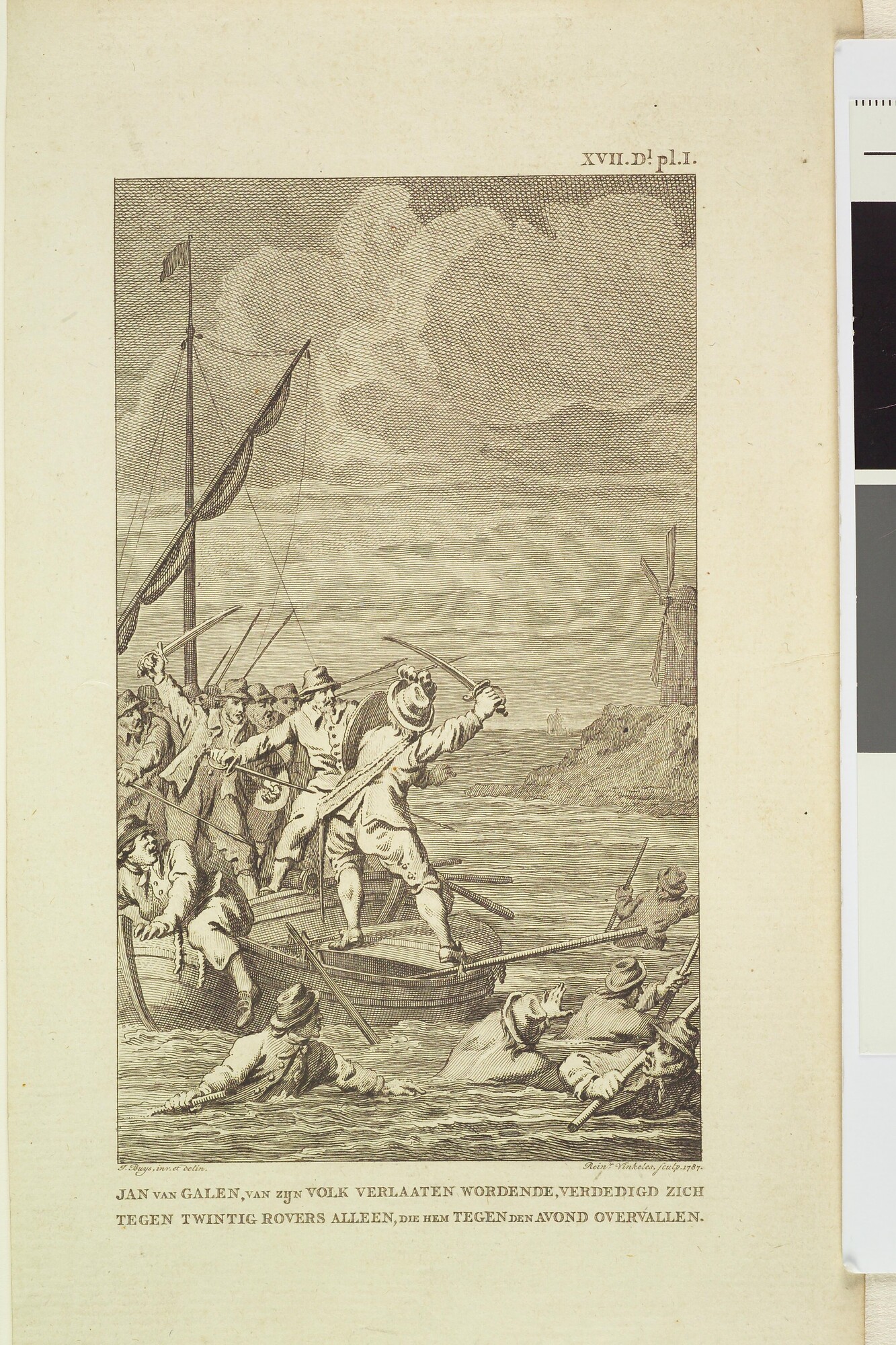 A.2914(04)a; Jan van Galen, kruisende in de Middellandse Zee, in gevecht met 20 rovers die hem tegen de avond overvallen, 1649; prent