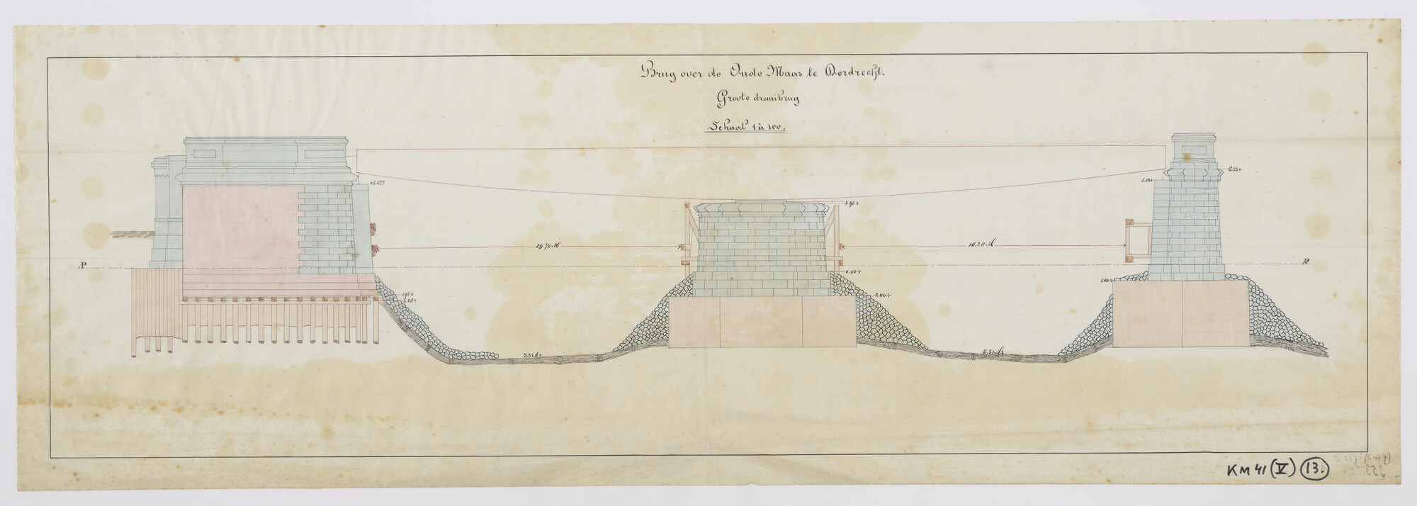 S.2175(5437); Aanzicht van de grote draaibrug over de Oude Maas te Dordrecht; technische tekening