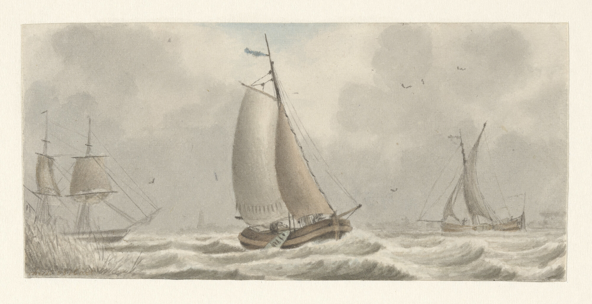 S.1043(03); Scheepvaart in een riviermonding twee binnenschepen; tekening
