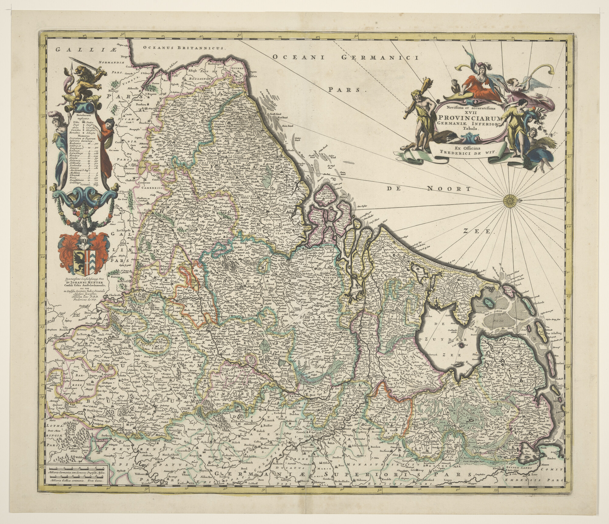 A.3845(01)019; Met de hand gekleurde kaart van de Zeventien Provinciën, door Frederick de Wit (1610-1698), Amsterdam, 1680; landkaart