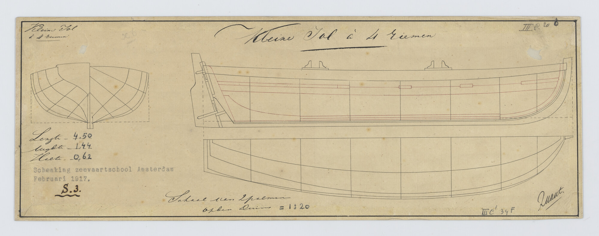 S.0003(05)019; Lijnenplannen van jol met 4 riemen.; technische tekening