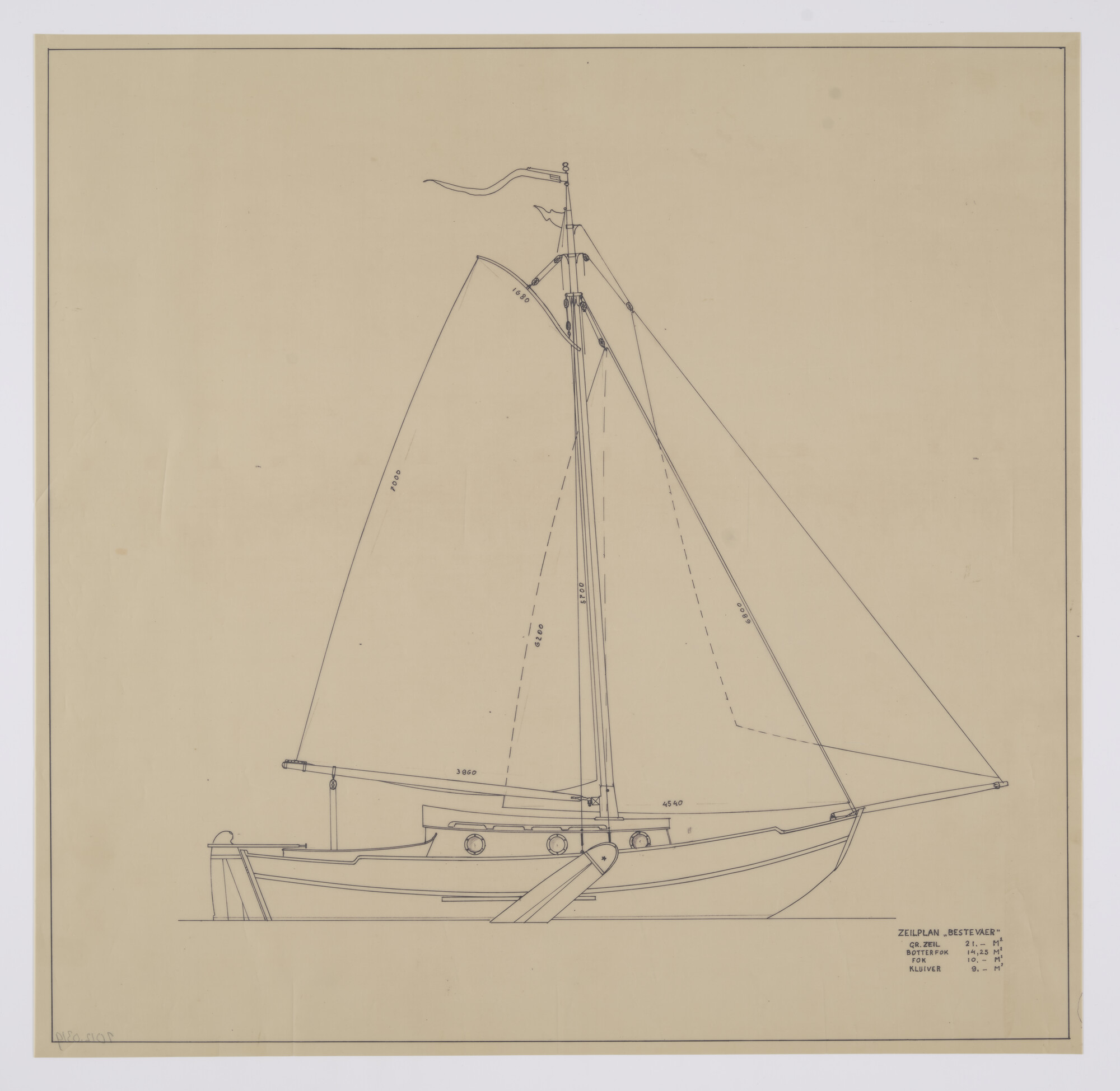 2012.0319; Zeilplan van de zeeschouw Bestevaer van 9.68 m; technische tekening