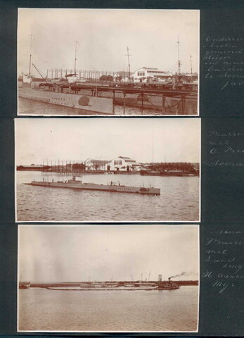 2001.1116; Blad uit een fotoalbum, met 6 foto's van onderzeeboten en marinepersoneel in Soerabaja; fotoalbum