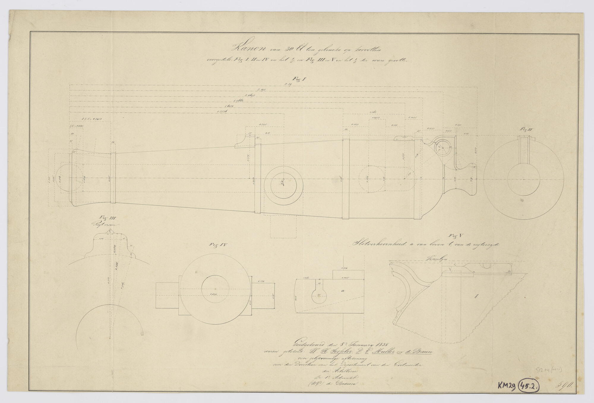 S.1214(0010); Kanon van 30 lb voor korvetten; technische tekening