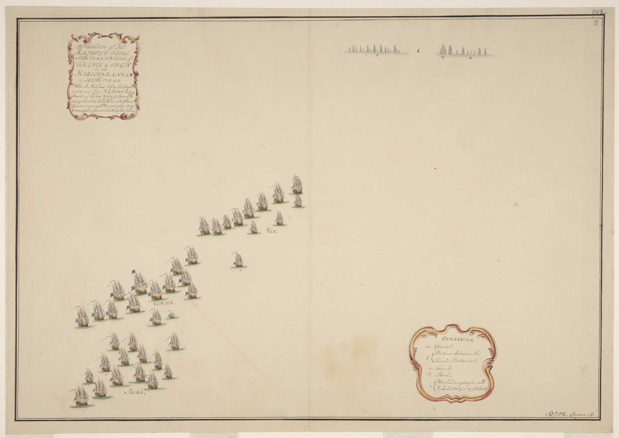 S.0597(01)7; Tekening van de zeeslag tussen de Engelse vloot en de gecombineerde Franse en Spaanse vloten bij Toulon, 1744; tekening