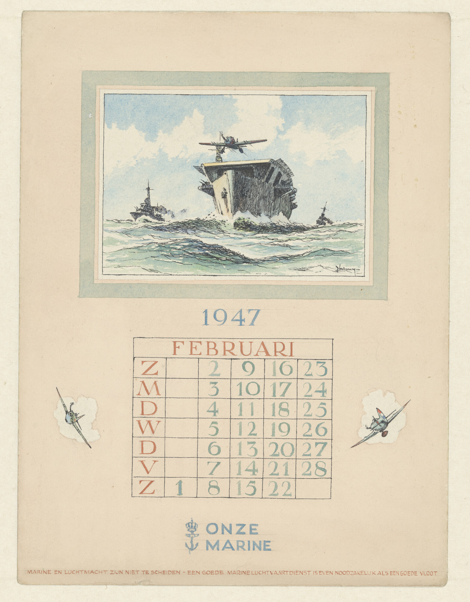 S.7217(04); Ontwerp voor een kalenderblad van de kalender Onze Marine: Februari 1947; tekening