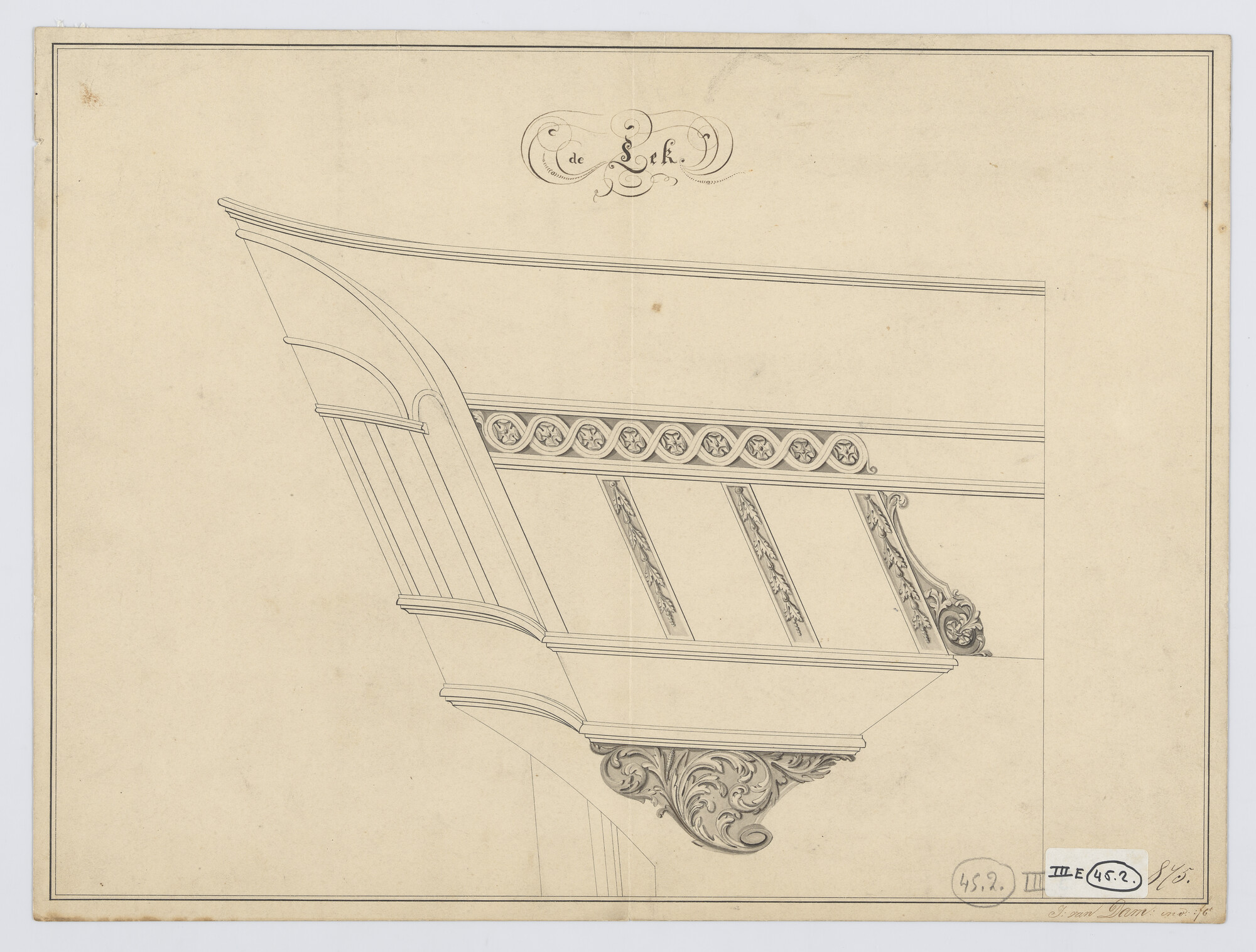 S.1214(0282); Zijgalerij  van het fregat Zr.Ms. 'Lek'; technische tekening