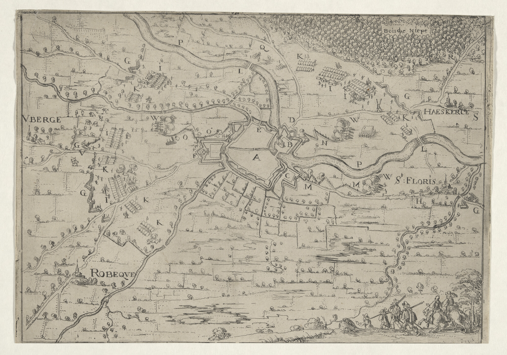 A.0145(027)442; Kaart van de belegering van een stad aan een rivier; prent