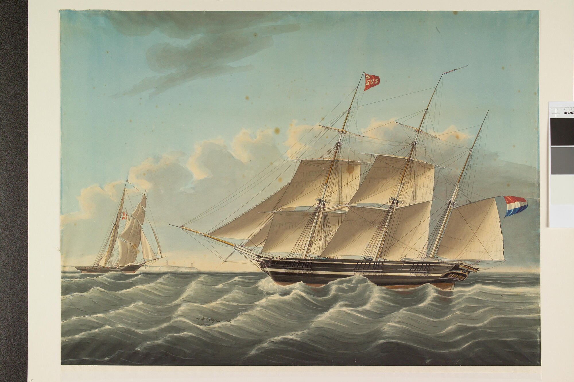 A.0426(04); Het barkschip 'Elize' zeilend in het Kanaal; tekening