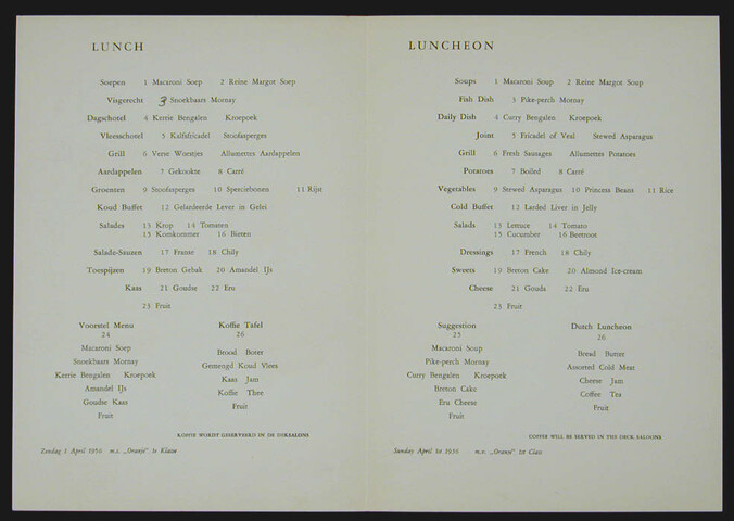 1994.6743; Menukaart voor lunch aan boord van ms. 'Oranje' van de SMN, 1 april 1956; menukaart