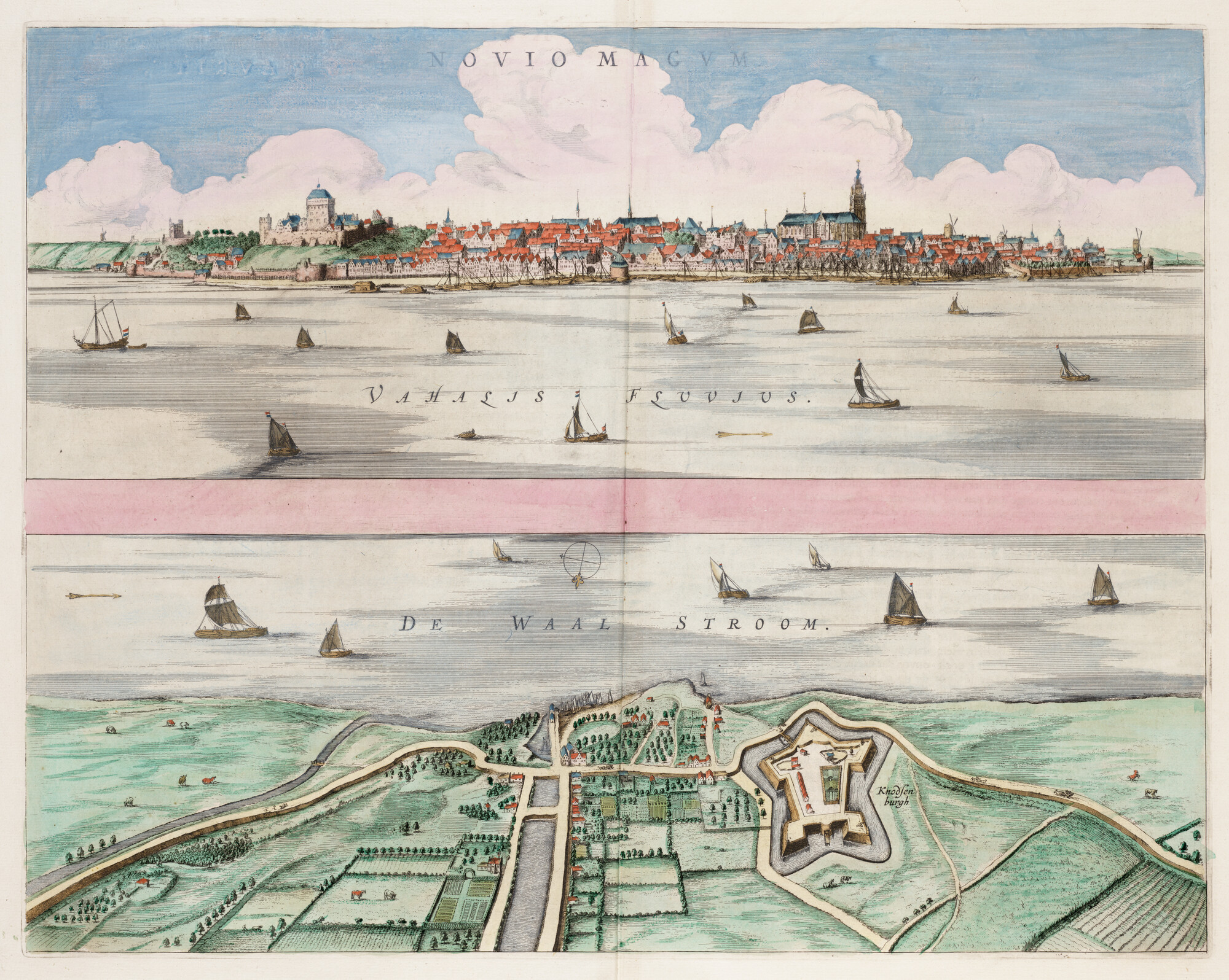 S.1034(15) [kaart 003]; Gezicht op Nijmegen met eronder een plattegrond van fort Knodsenburgh en; prent