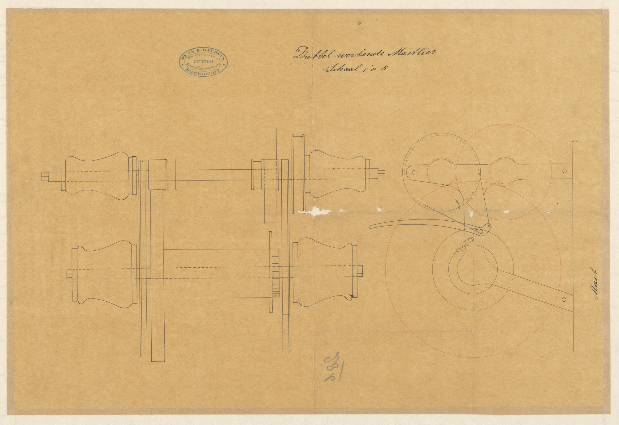 S.0042(01); Mastlier van de schoener Willem Barents; technische tekening