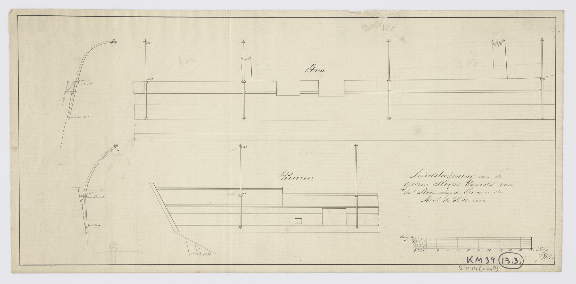 S.1214(0048); Sloepdavits Zr.Ms. 'Koerier' en Zr.Ms. 'Etna'; technische tekening