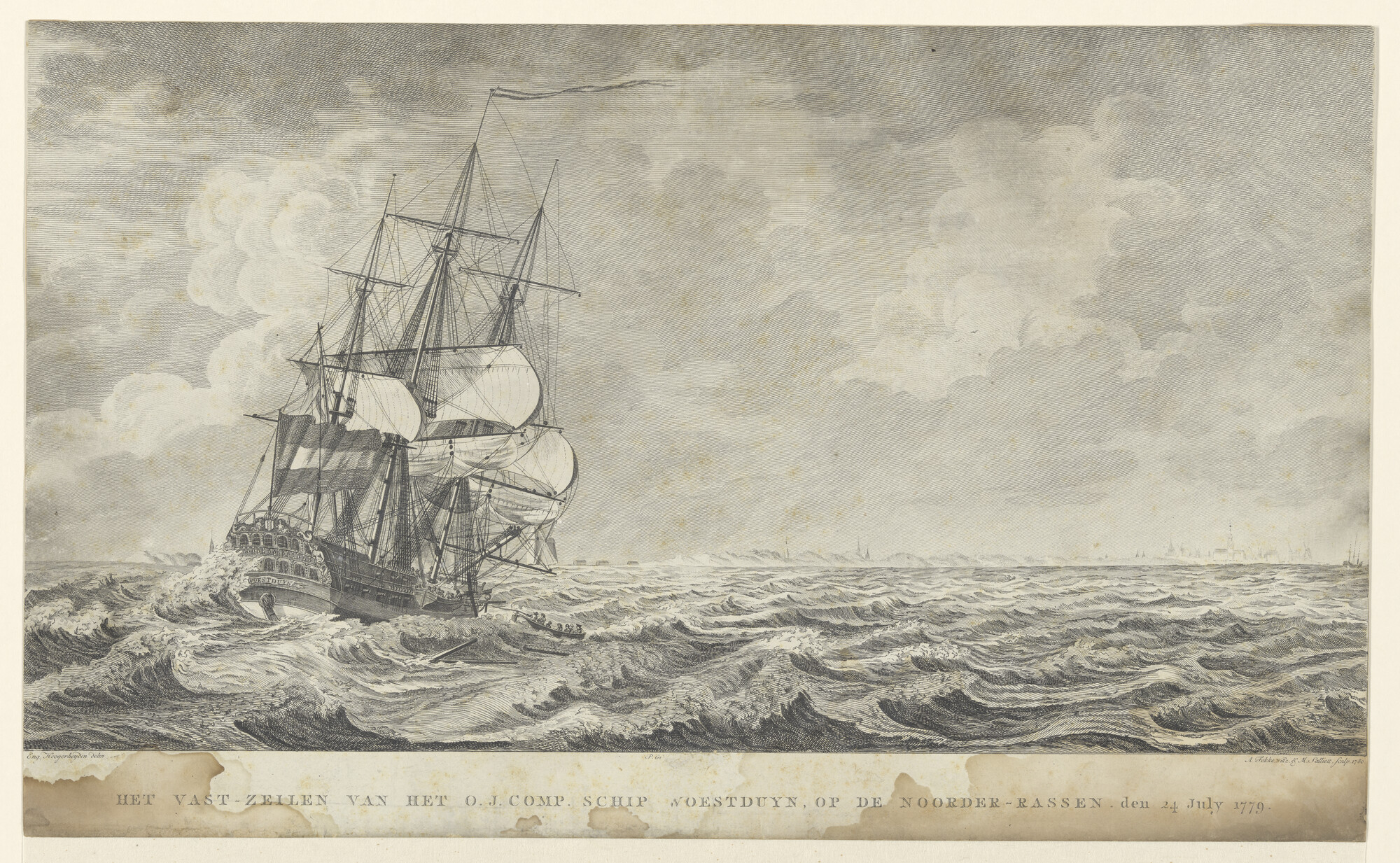 S.0730 [nr 0002]; Schipbreuk van het VOC-schip 'Woestduin', 1779: vastzeilen van het schip; prent
