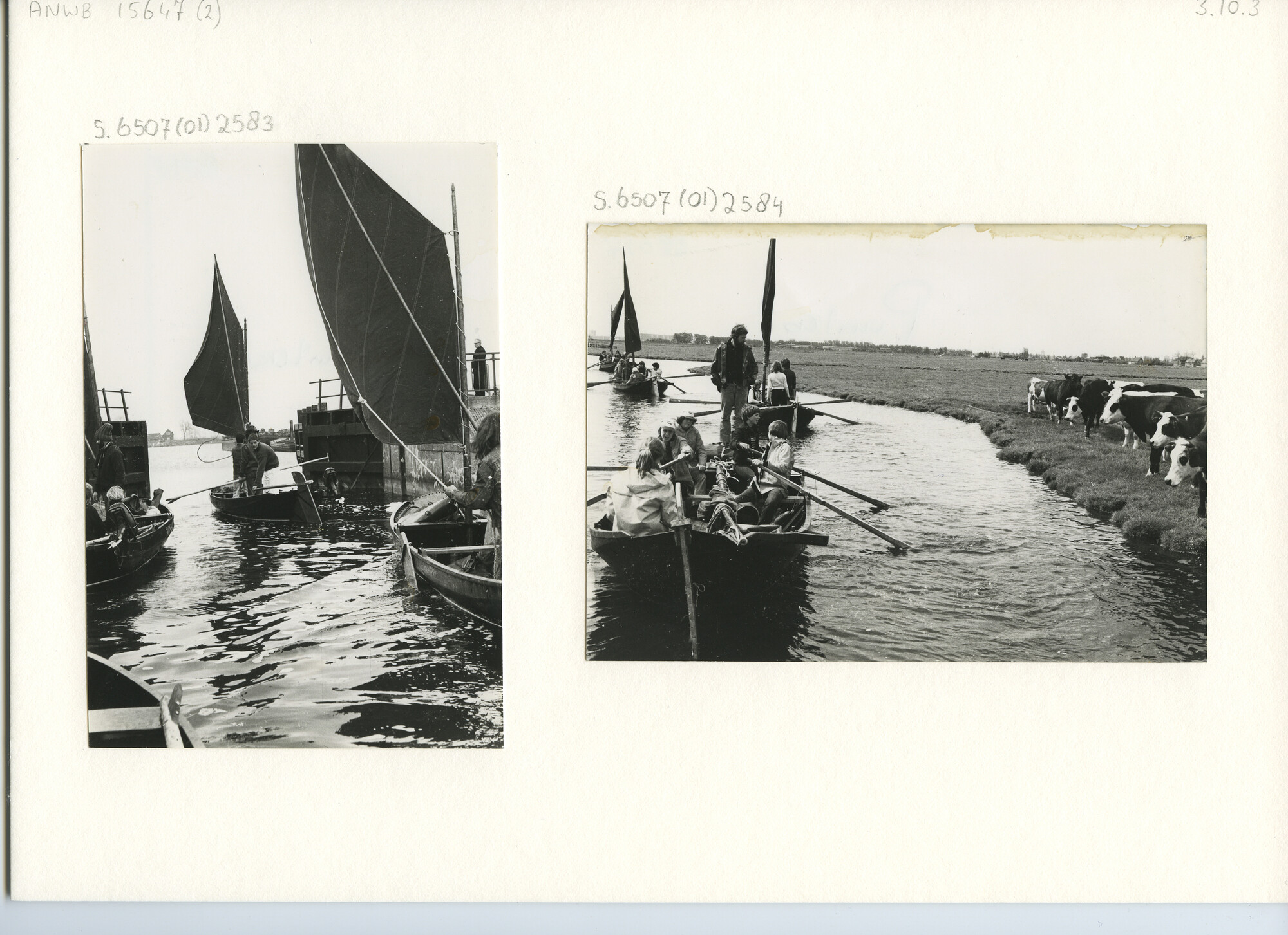 S.6507(01)2584; Twee foto's van punters die zeilen door een sluis en die worden geroeid langs een weiland met koeien; foto