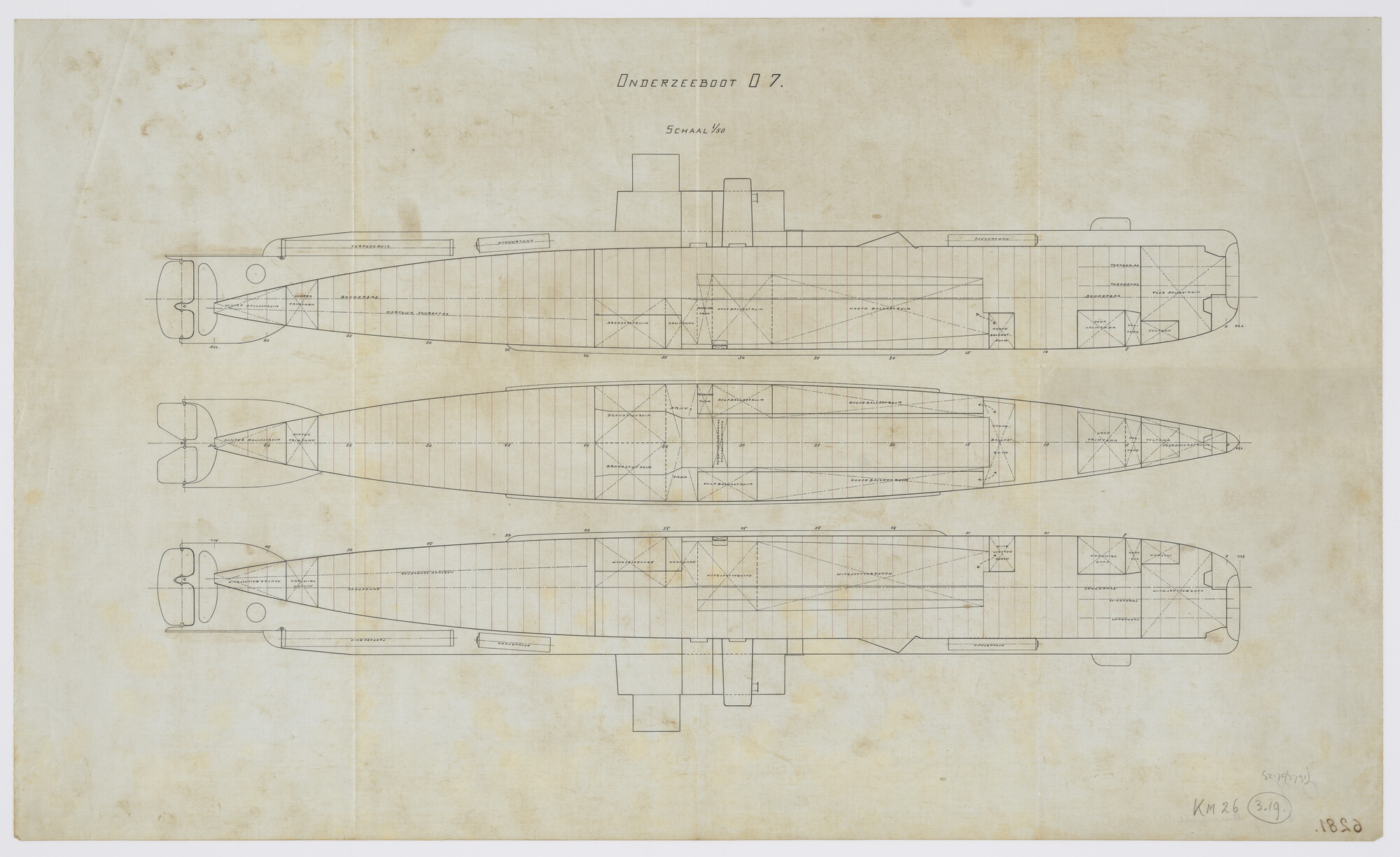 S.2175(3791); Compartiment indeling aan boord van de onderzeeboot  Hr.Ms. 'O 7'.; technische tekening