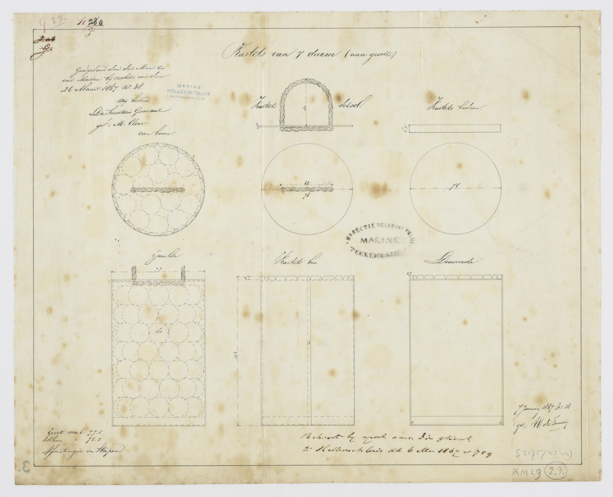 S.2175(4344); Doorsneden van een kartets van 7 duim; technische tekening