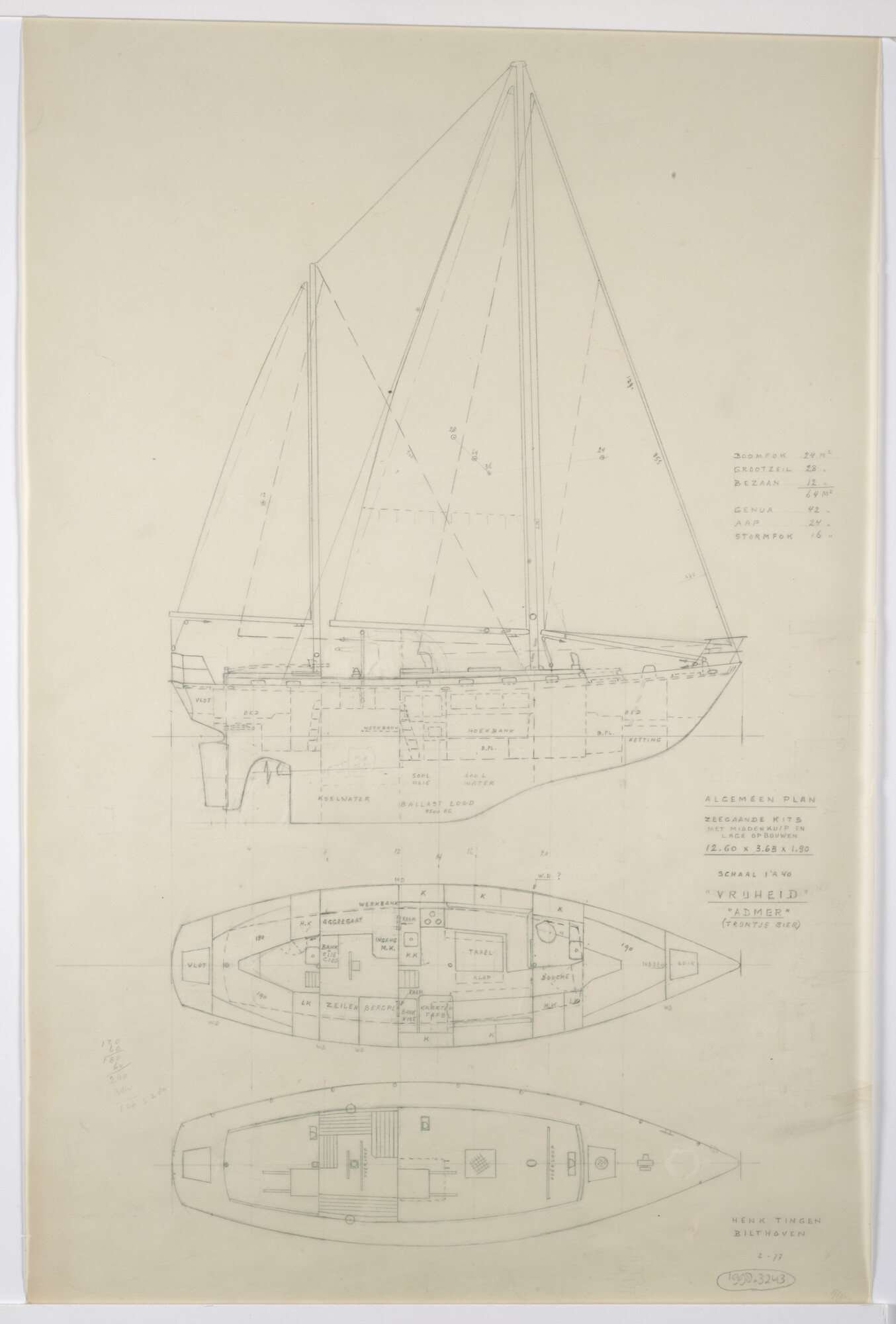 1998.3243; Algemeen plan van zeegaande kits met middenkuip en lage opbouwen; technische tekening
