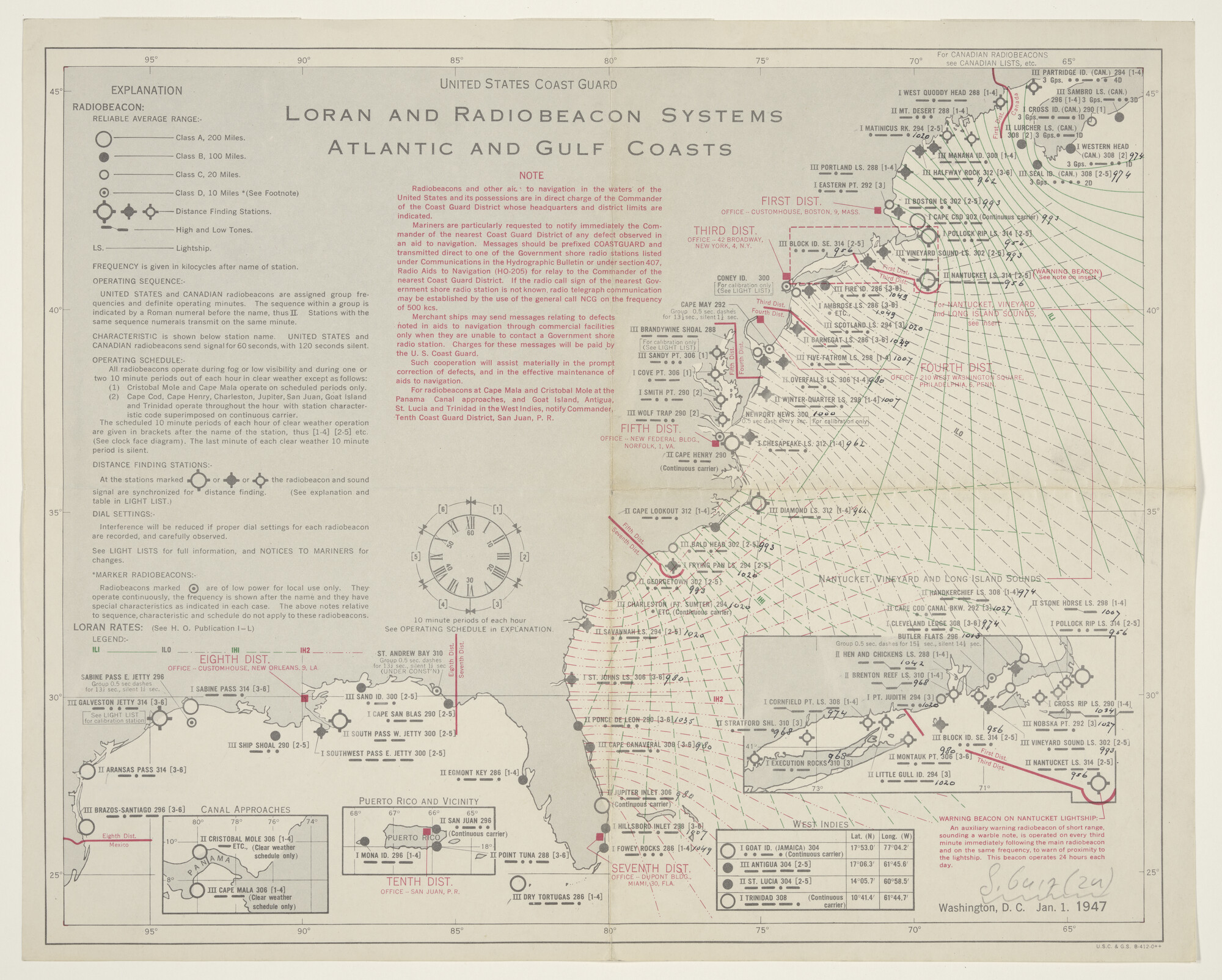 S.6417(24); Gekleurde kaart met Loran en radiobakens langs de kust van de Verenigde Staten, de Atlantische Oceaan en Golf van Mexico; lorankaart