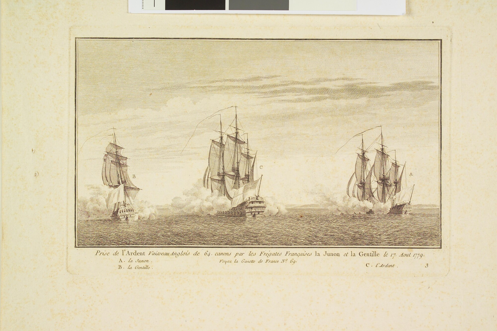 S.1603(25)01; Het nemen van het Engelse oorlogsschip Ardent door de Franse fregatten Junon en La Gentille, 17 augustus 1779; prent