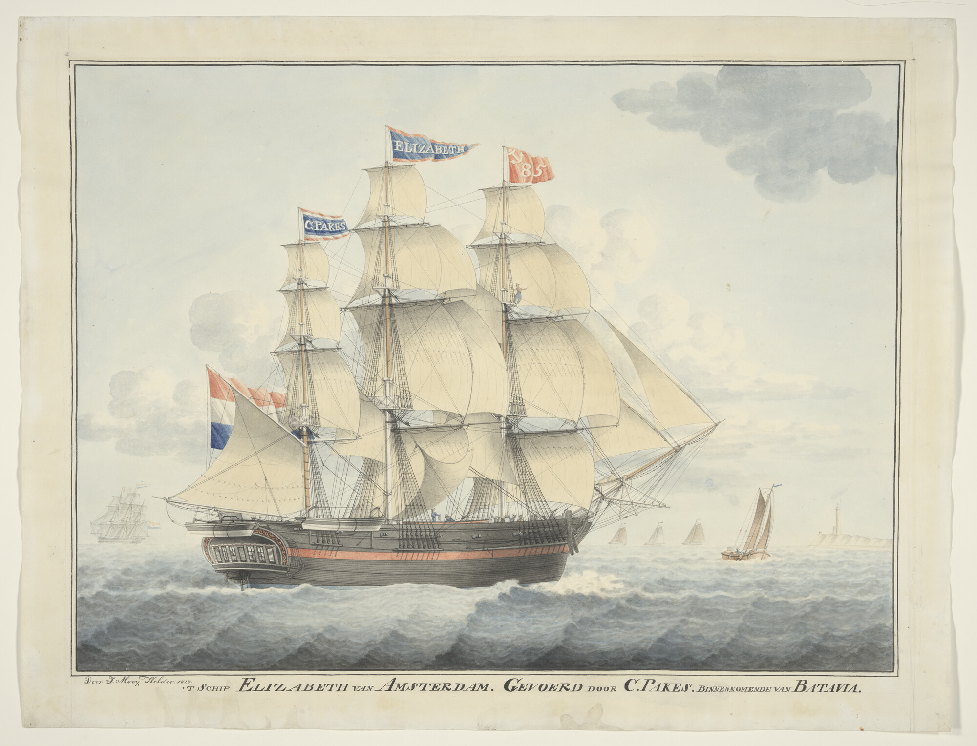 S.1156(02); Het fregatschip 'Elisabeth' in patria terugkomend vanuit Batavia; tekening