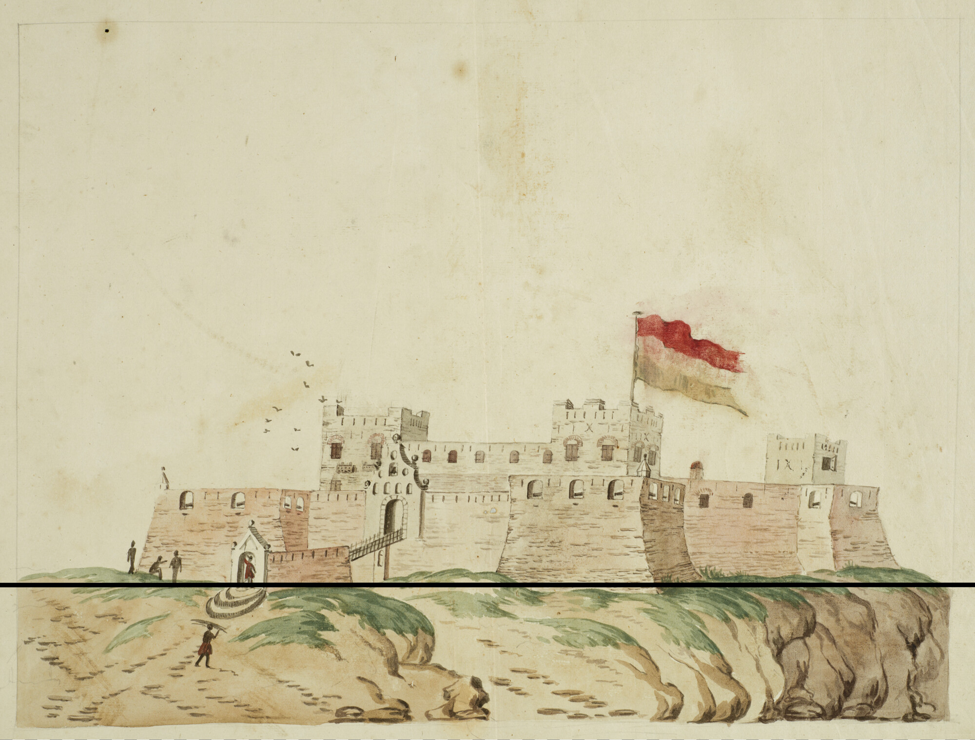 2004.5209; Het Nederlandse fort Nassau aan de kust van West-Afrika; tekening
