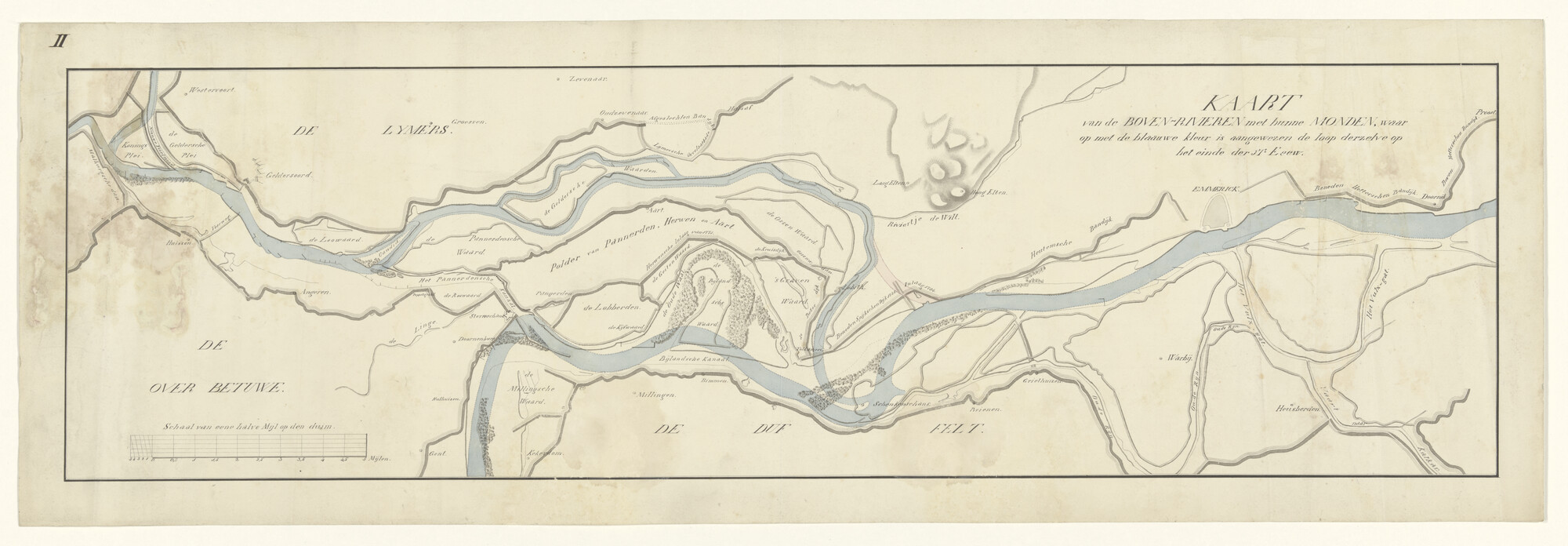 S.3380(16); Met de hand gekleurde kaart van de boven rivieren (Rijn & Waal); rivierkaart