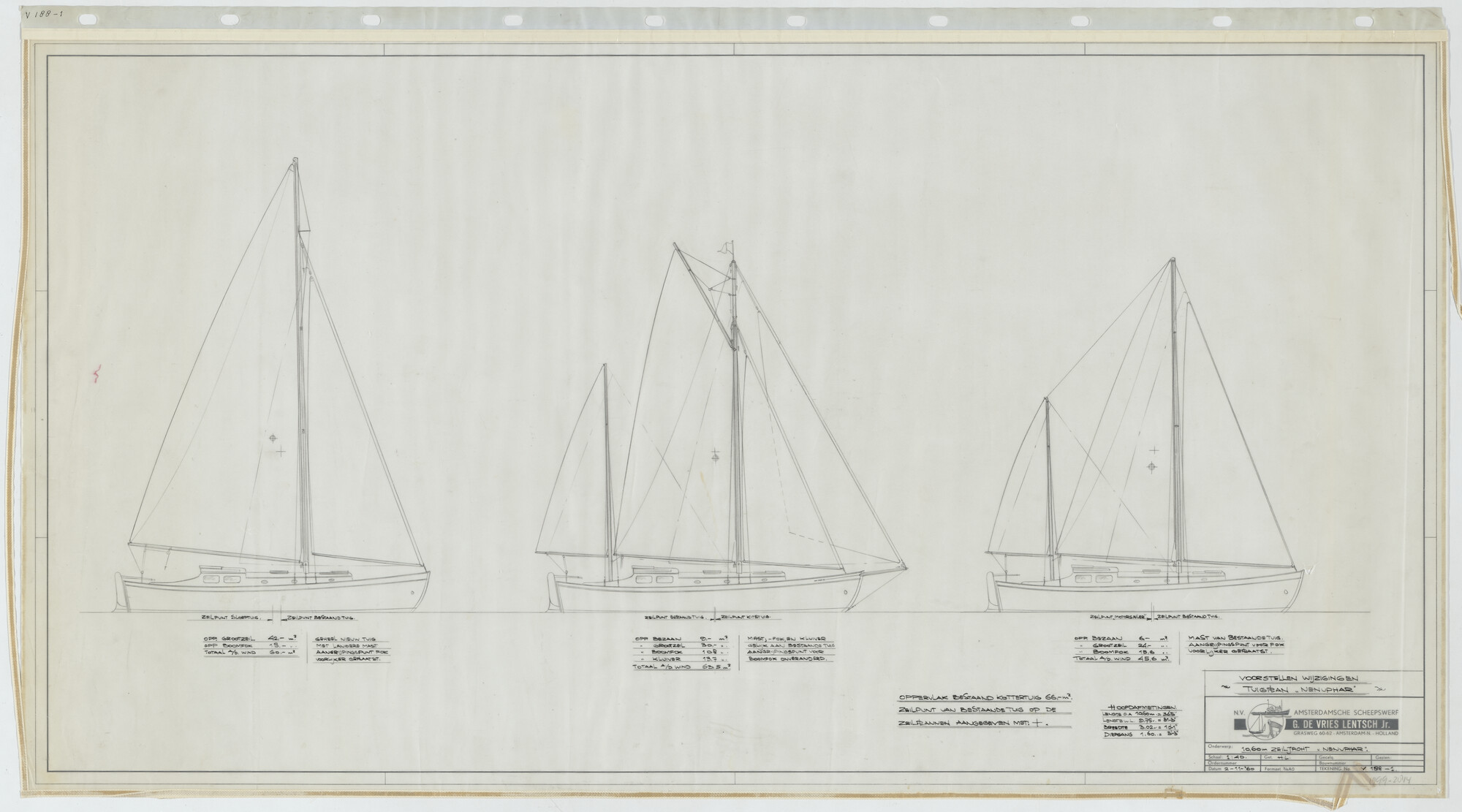 1999.2814; Voorstellen wijzigingen tuigplan voor het zeiljacht 'Nenuphar'; technische tekening