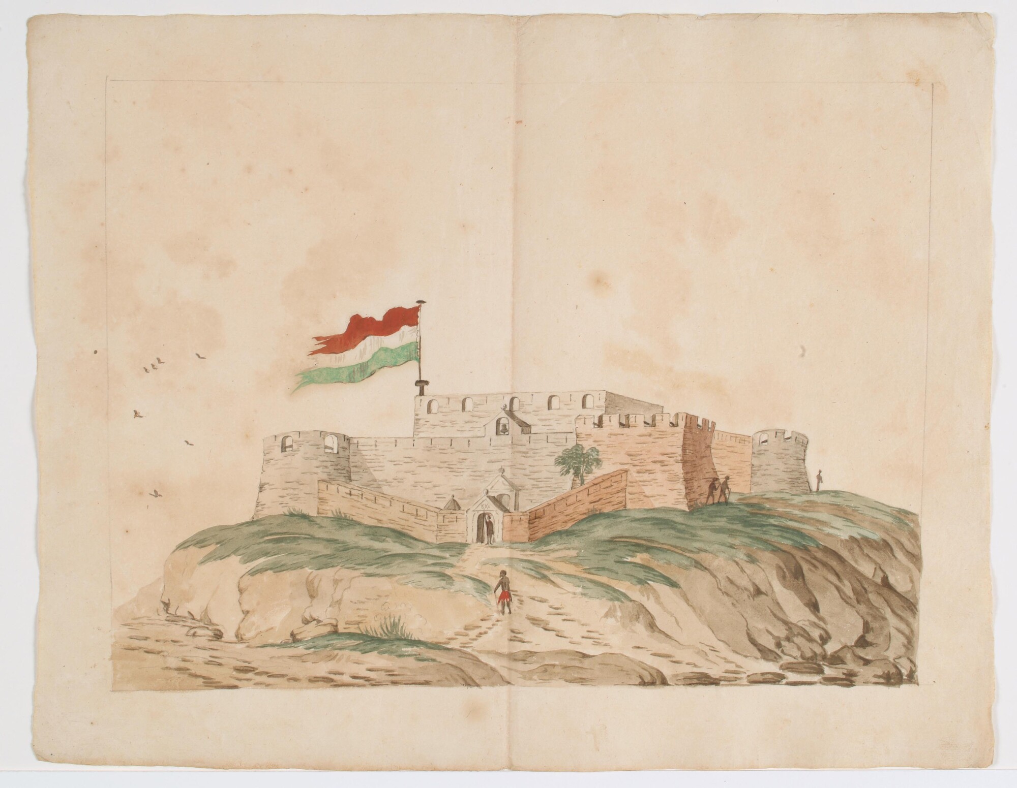 2004.5211; Het Nederlandse fort Amsterdam aan de kust van West-Afrika; tekening