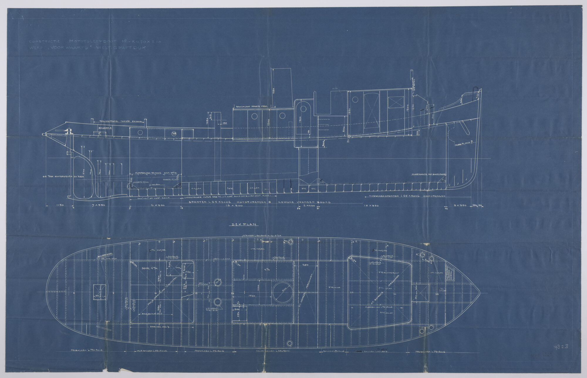1995.7823; Constructieplan voor een binnenvaart motorsleepboot; technische tekening