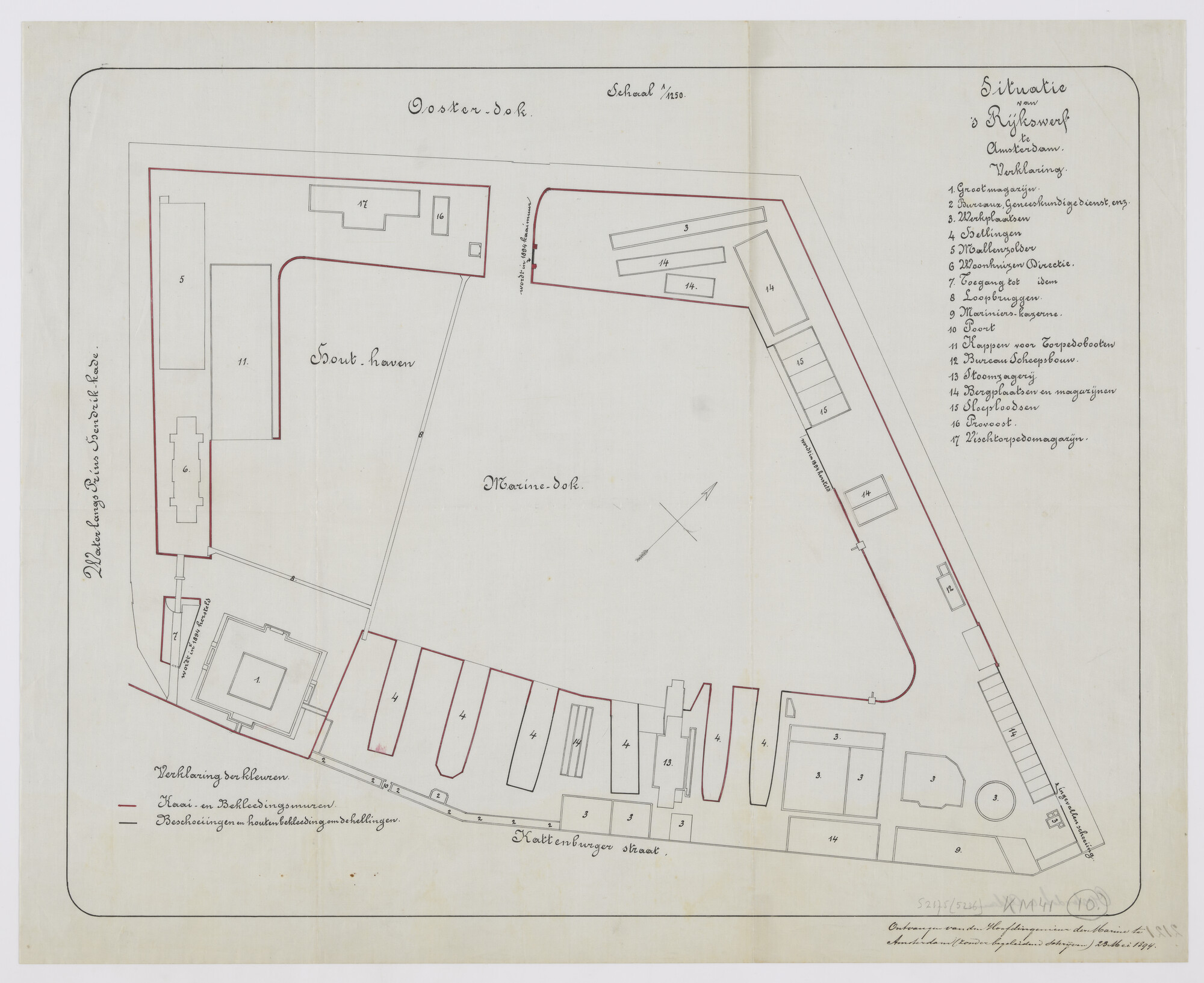 S.2175(5236); Plattegrond van de Rijkswerf te Amsterdam (1894) met kaai- en bekledingsmuren, beschoeiingen en houten bekleding om de hellingen; technische tekening