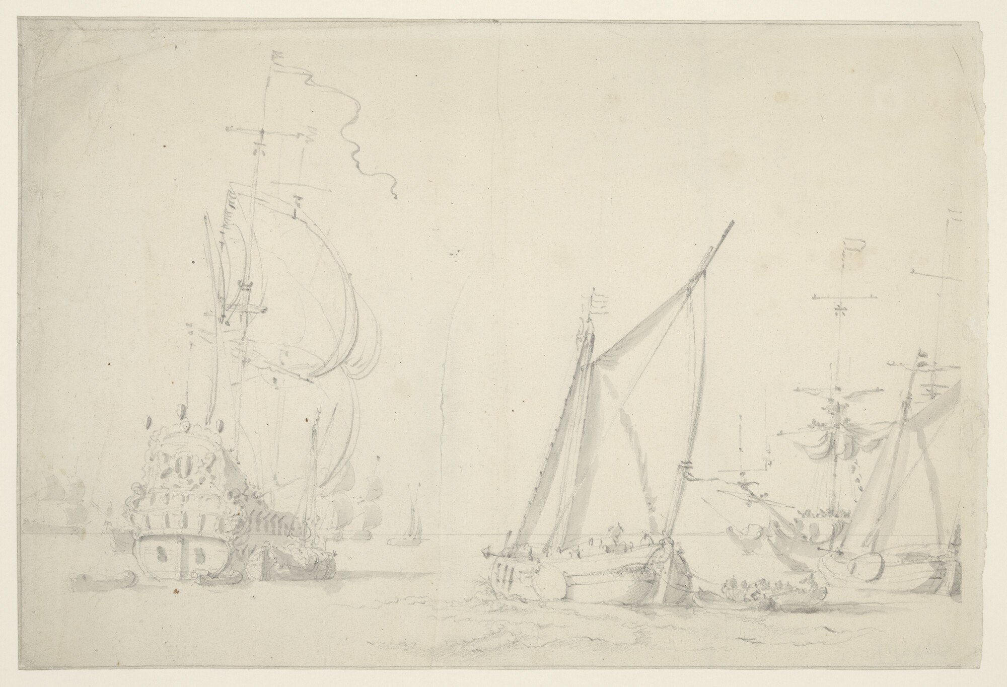 A.2630(01); Het oorlogsschip Dordrecht en andere schepen onder zeil; tekening