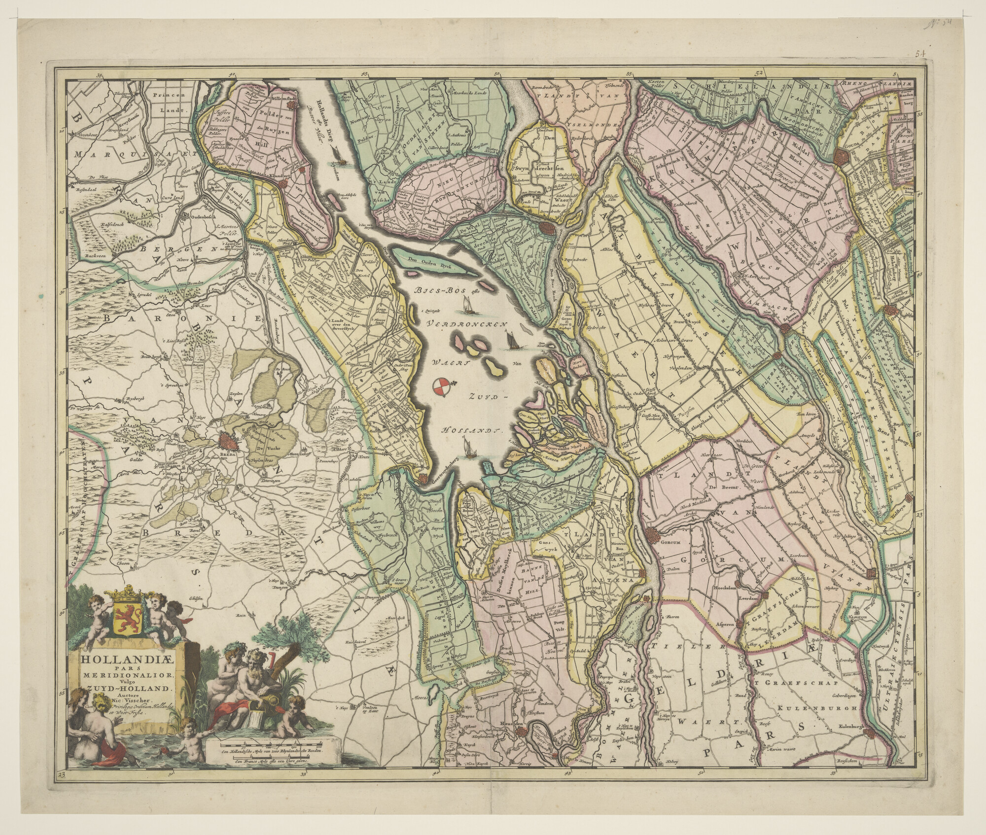 A.3845(01)033; Met de hand gekleurde kaart van het midden van Zuid-Holland met de Biesbosch; landkaart