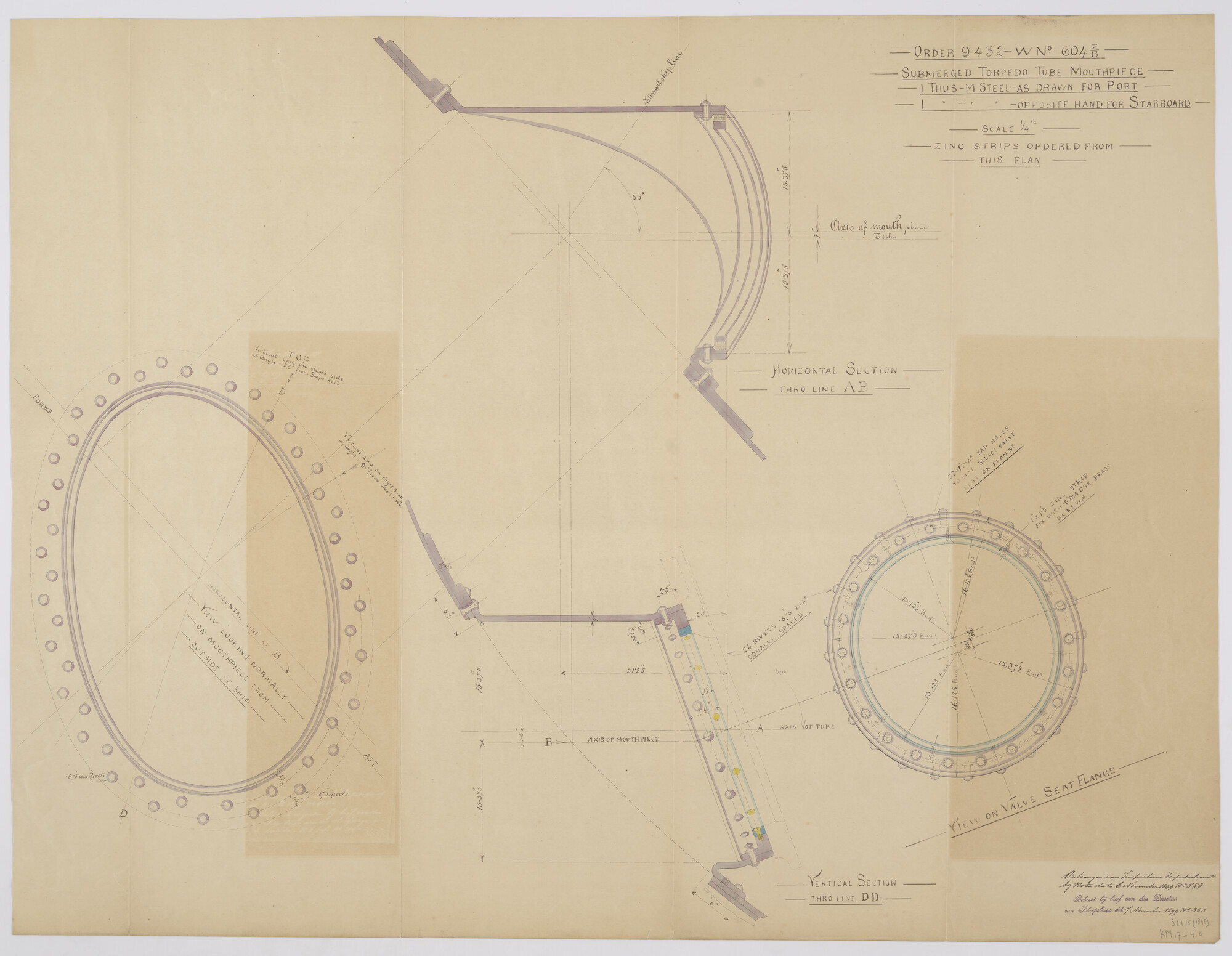 S.2175(1898); Dwarsdoorsneden van de onderwateropening van de torpedolanceerbuis van het pantserschip Hr.Ms. Koningin Regentes; technische tekening